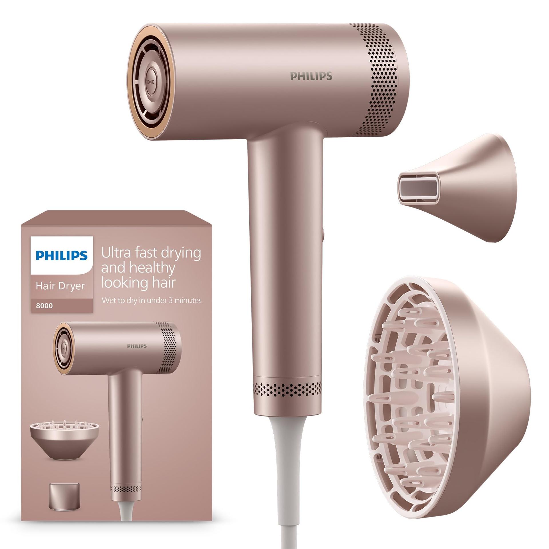 Philips kiiretoimeline föön Series 8000, ThermoShield Advanced, ioontehnoloogia, stiilidüüs & difuusor, peanaha hooldus, 1400 W, Rose Champagne, mudel BHD837/10