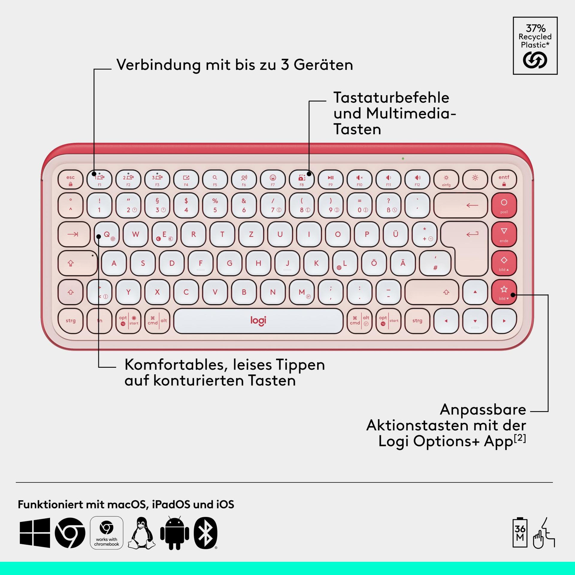 Logitech POP ICON KOMBO, Bluetooth-klaviatuuri ja hiire komplekt, mugav trükkimine, programmeeritavad klahvid, vaiksed klõpsud, Easy-Switch kuni 3 seadmele, Saksa QWERTZ-paigutus – Roosa – pilt 6