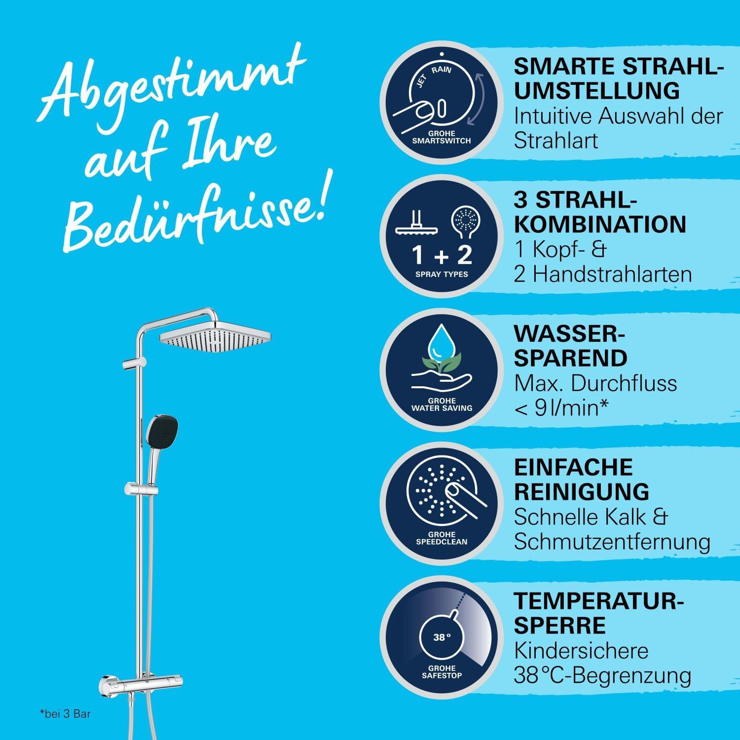 GROHE Vitalio 250 – Veesäästlik dušisüsteem – 8 l/min (2 pihustusrežiimi, pööratav peadušivarre, 38°C ohutuslukk, katlakivivastane süsteem), kandiline, kroom, 26696001 – lisavaade