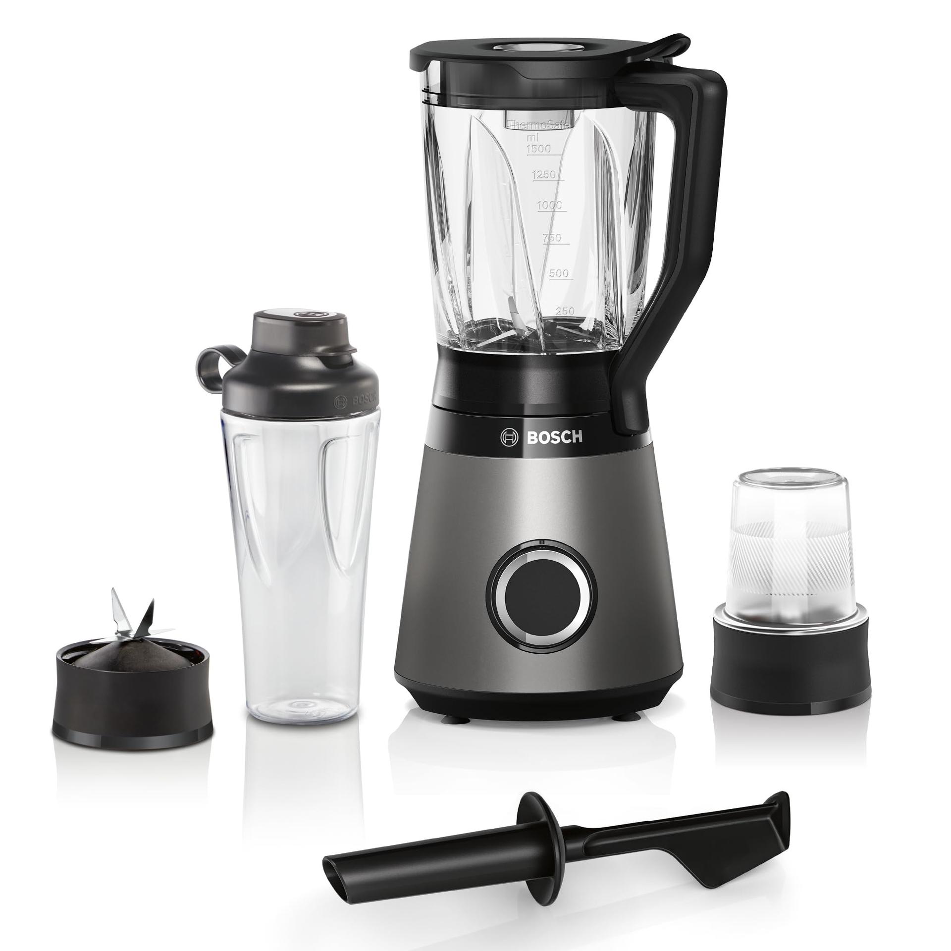 Bosch VitaPower Series 4 MMB6177S blender, roostevabast terasest terad, 1,5L ThermoSafe klaaskann, 0,6L kaasaskantav pudel, stopper, universaalne hakkija, 30 000 p/min, 1200W, hõbedane