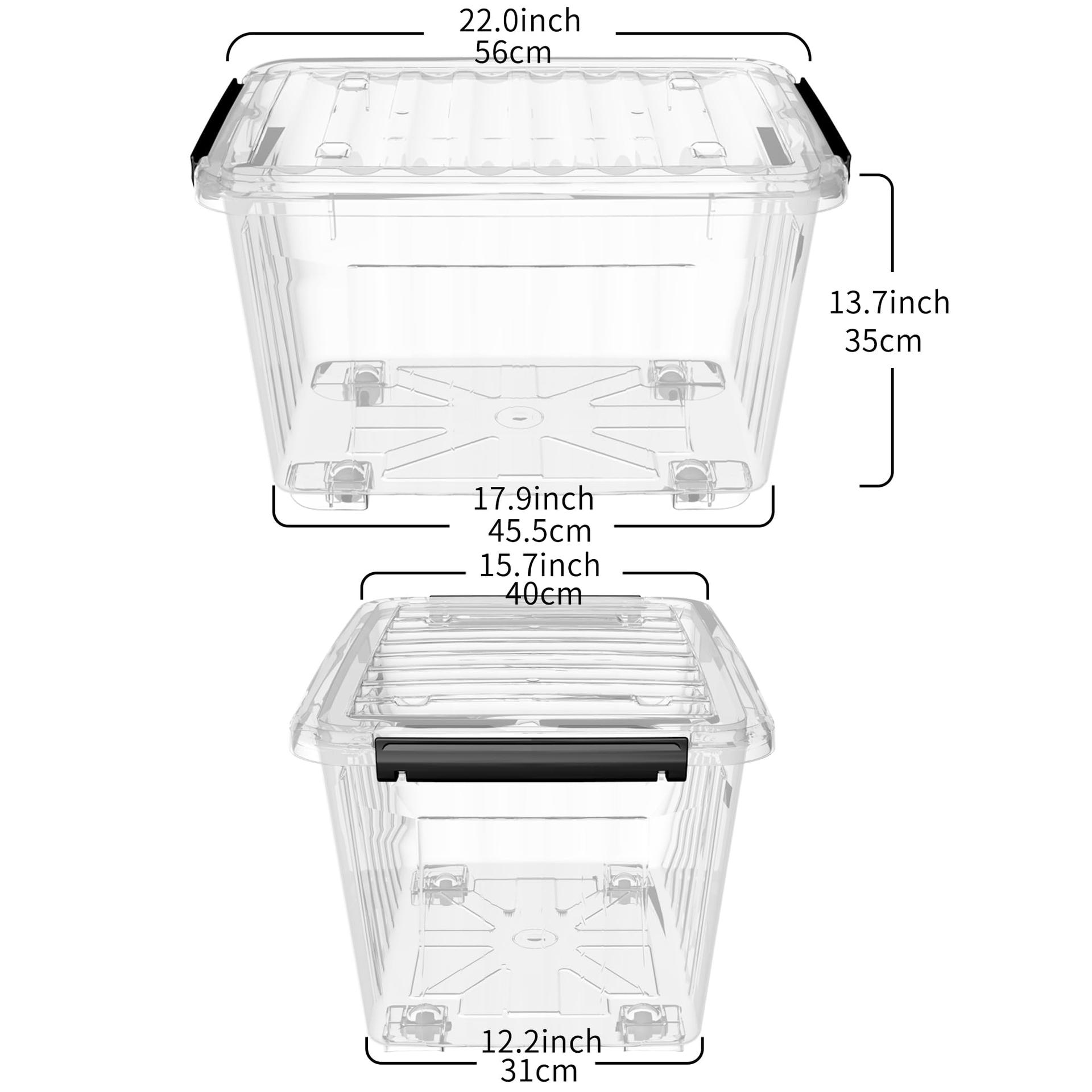 Cetomo C5038 Virnastatav Läbipaistev Plastikust Säilituskarp Kaane ja Ratastega (Polüpropüleen) 55,5 x 40,5 x 36 cm, 55 L, 6-osaline komplekt – pakend ja tarvikud