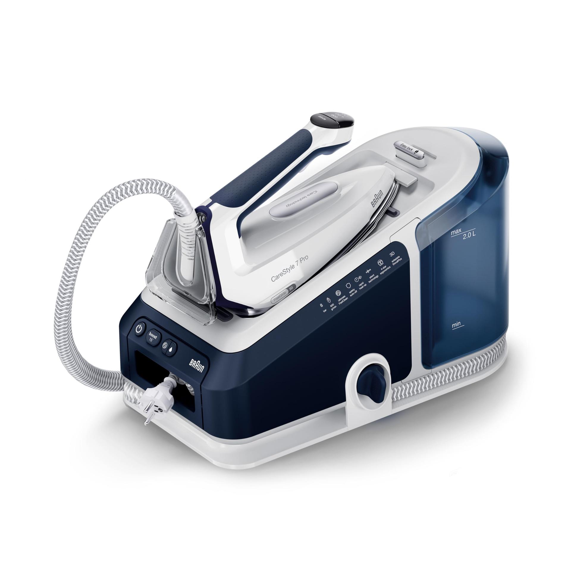 Braun CareStyle 7 Pro aurutriikimissüsteem IS 7282 BL – aurutriikraud FreeGlide 3D tallaga, iCare-funktsioon, eemaldatav 2 L veepaak, auruimpulss 600 g/min, 2700 W, sinine/valge