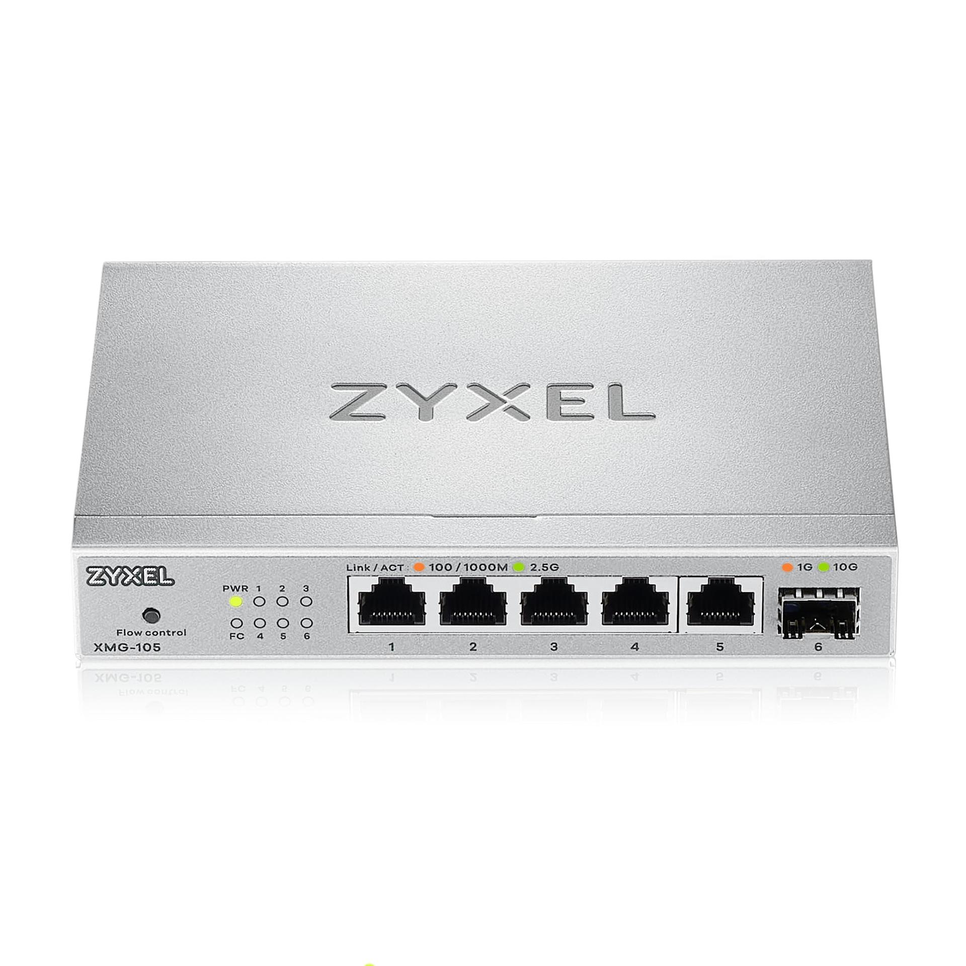 Zyxel 5-pordiline PoE 2.5G Multi-Gig hallatamatu switch | 1 x 10G SFP+ | Laua- või seinakinnitusega [XMG-105HP] – pakend ja tarvikud