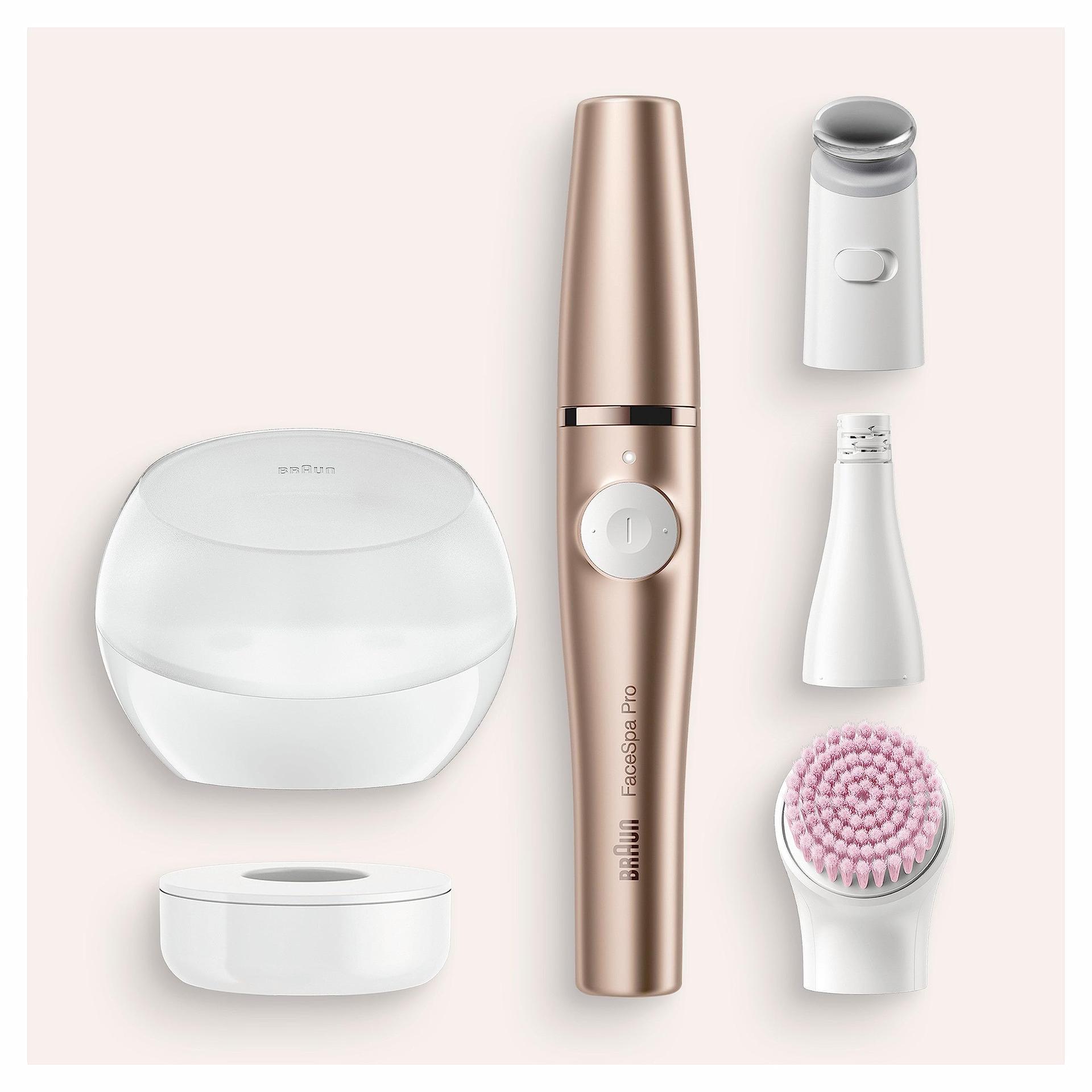 Braun FaceSpa Pro Beauty Set näoepilaator naistele / näokarvade eemaldaja, näopuhastushari, hoiukarp, karvaeemaldus, disainitud Saksamaal, puhastus ja naha pinguldamine, SE921 – pakend ja tarvikud