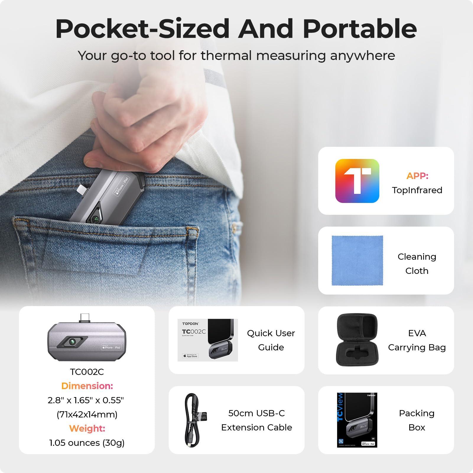 TOPDON TC002C termokaamera iPhone 15/16 seeria ja iPadide jaoks (USB-C ühendus). IR-eraldusvõime 512 x 384 px, temperatuuriulatus –20 °C kuni +550 °C – pilt 8
