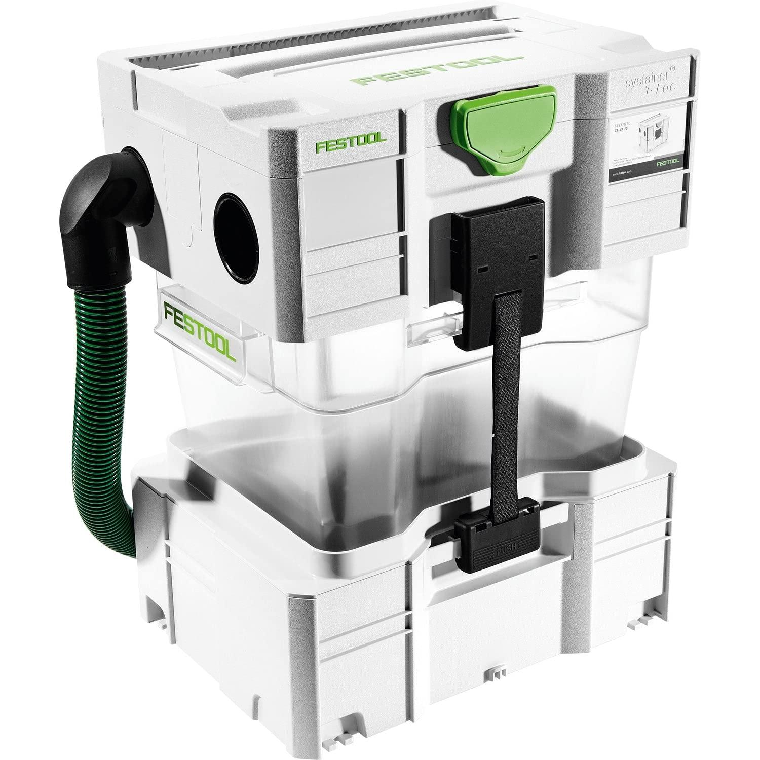 Festool CT eeleraldaja CT-VA-20 koos tsüklon-Systaineri, kogumismahuti, Systaineri vanni, ühendusvooliku, jäätmekoti ja mahuti kaanega – pakend ja tarvikud