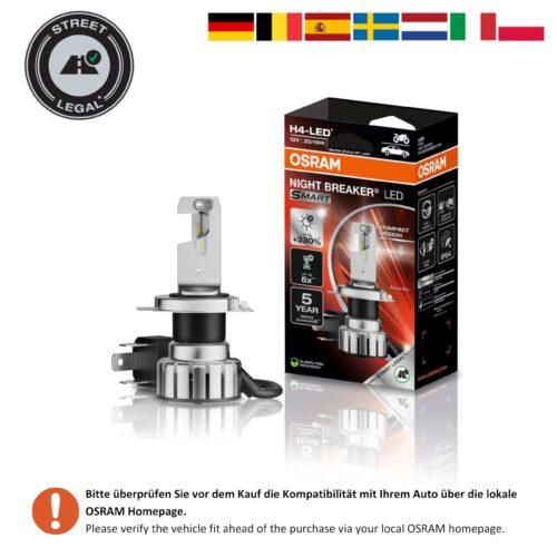 OSRAM NIGHT BREAKER LED SMART H4 mootorratastele; kuni 330% rohkem heledust; 6000K