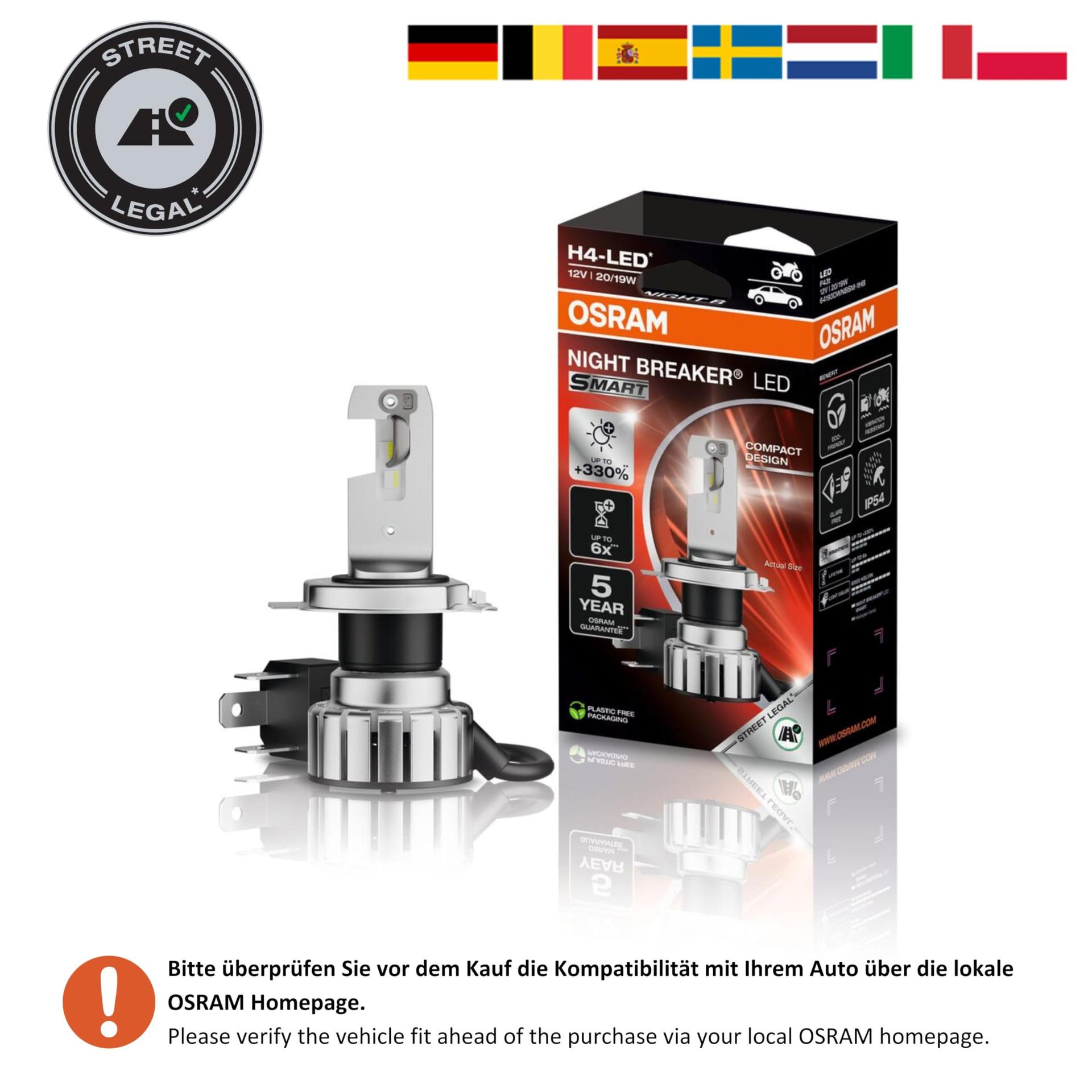 OSRAM NIGHT BREAKER LED SMART H4 mootorratastele; kuni 330% rohkem heledust; 6000K, LED-järelturu lamp mootorratastele tänavakasutuseks, valge – detailne vaade