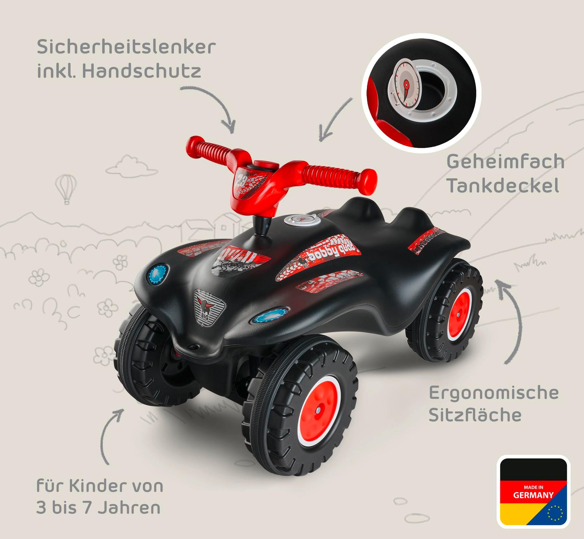 BIG Bobby Car Quad Racing (must-punane) – Lasteroller alates 3. eluaastast, turvaline rool, signaal ja offroad-rehvid, auto tüdrukutele ja poistele 3-7 aastat (kuni 50 kg) – detailne vaade