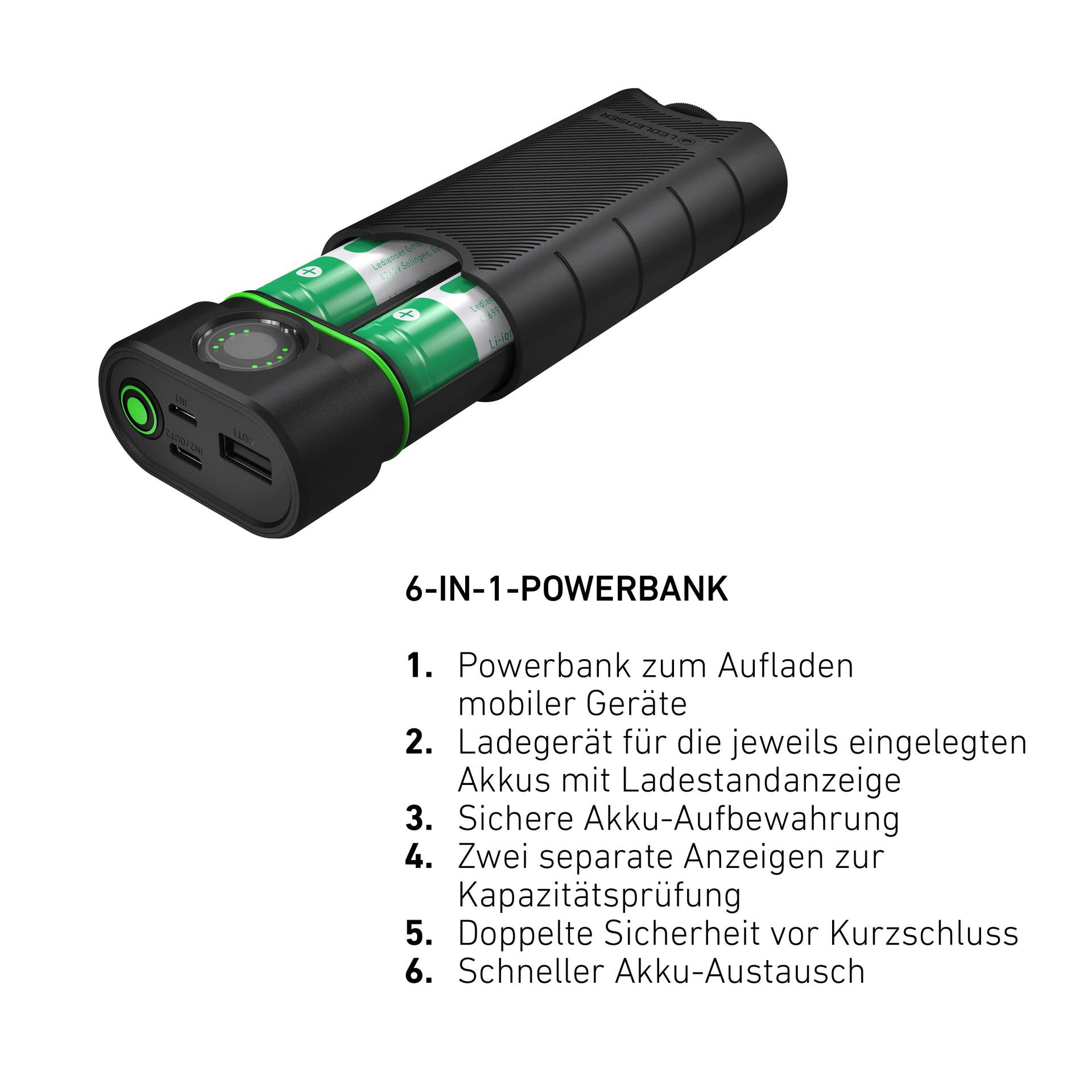 Ledlenser Flex10 Outdoor USB-C toitepank laadija, 2 eemaldatavat liitiumakut tüüp 21700, kiire laadimine, vastupidav korpus, IP65 kaitse tolmu, vee ja lühise eest, laadimis- ja mahtuvuse näidik – pakend ja tarvikud