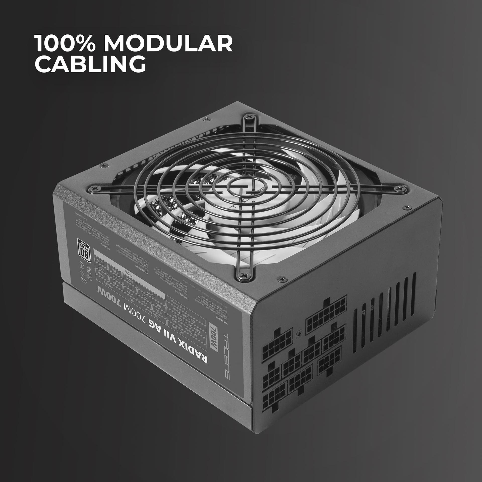 Tacens Radix VII AG 700, Täielikult modullaarne 700W ATX-toiteplokk, 10-aastane garantii, 80Plus Silver, +87% tõhusus, 140mm FDB-ventilaator AI-RPM tehnoloogiaga, Jaapani 105º kondensaatorid, Must – pakend ja tarvikud