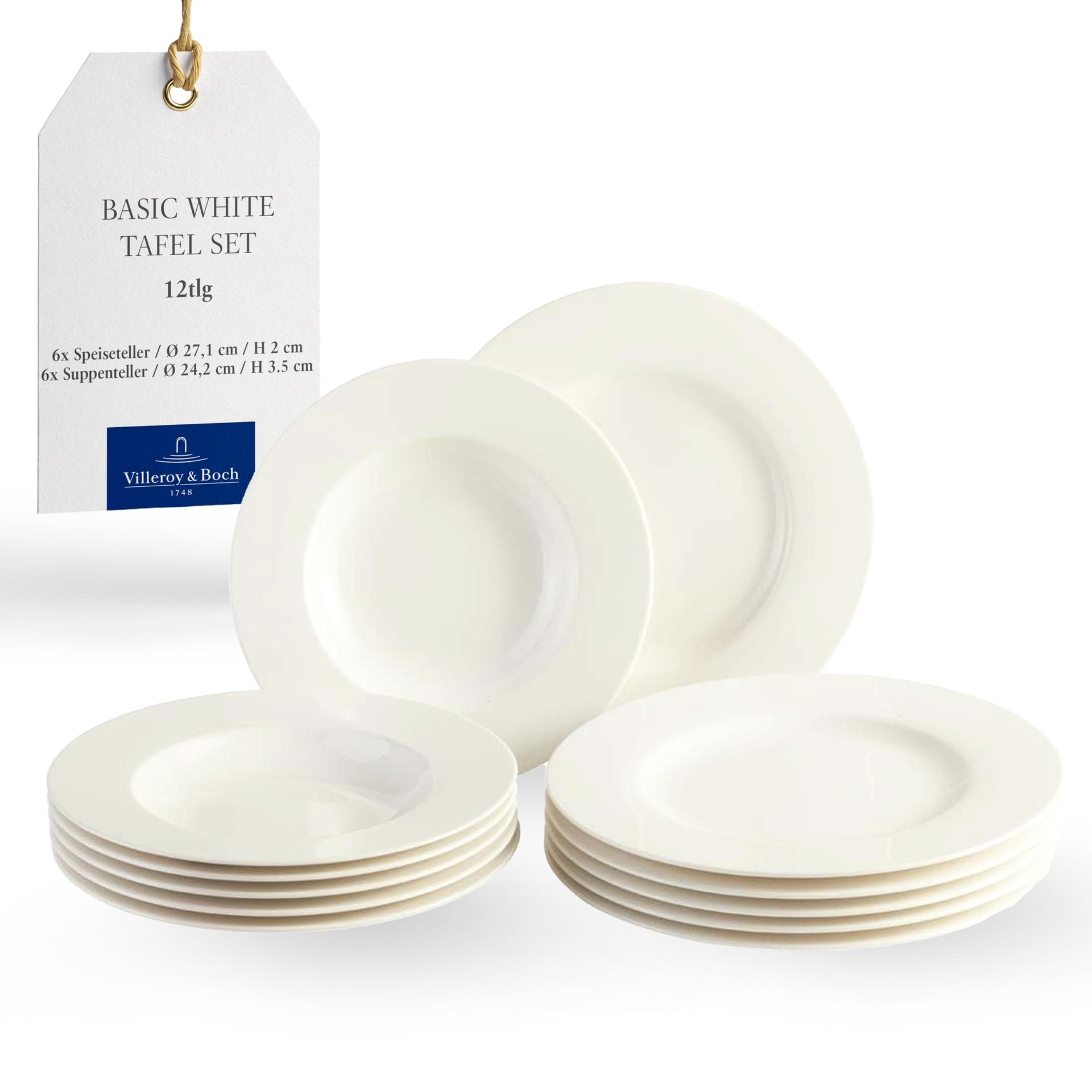 vivo by Villeroy & Boch Basic White nõudekomplekt, 12-osaline valge lauanõud, taldrikute komplekt, valge portselan, nõudekomplekt 6 inimesele, söögitaldrikud, supitaldrikud, nõudepesumasinakindel, premium portselan