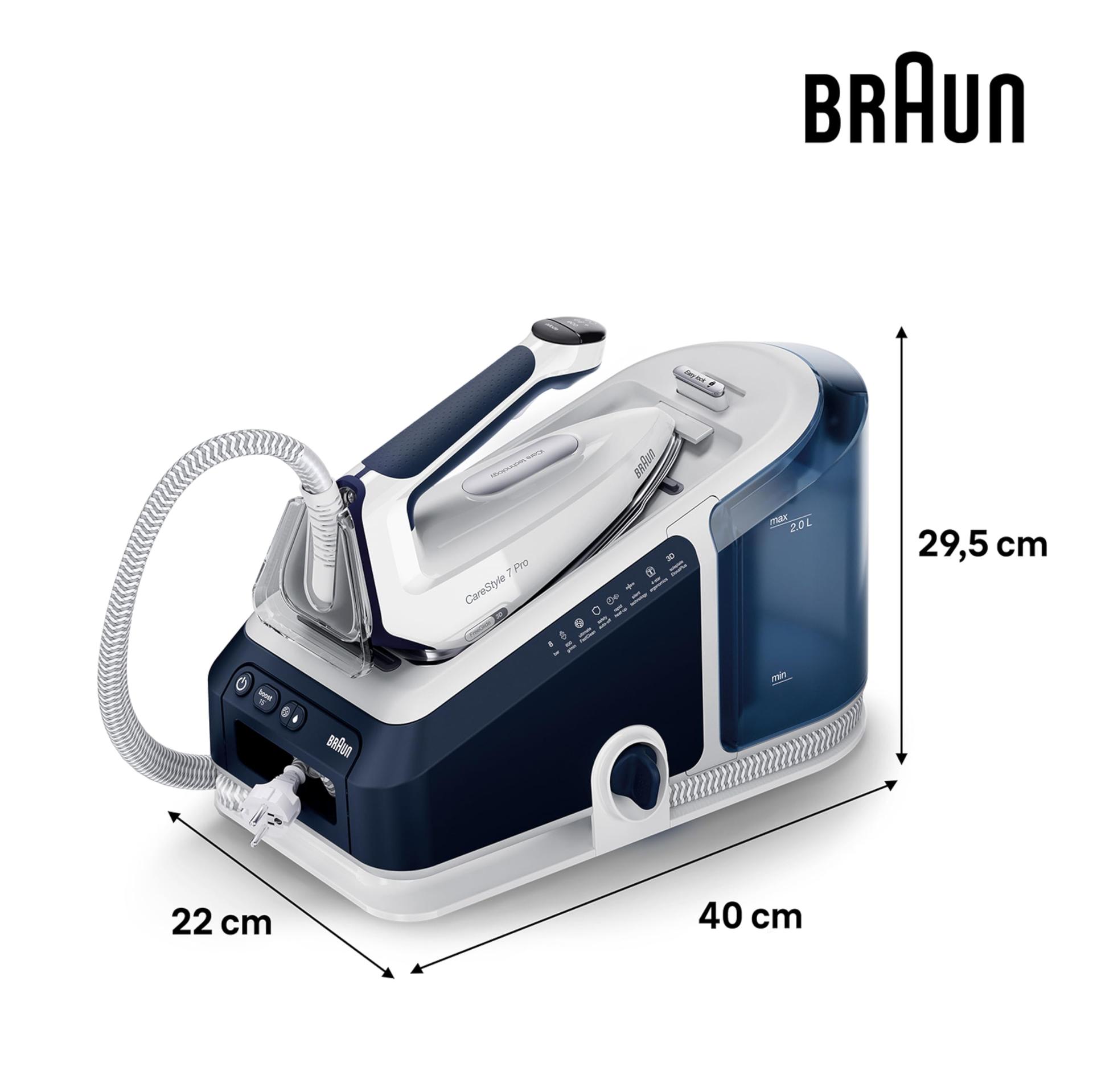 Braun CareStyle 7 Pro aurutriikimissüsteem IS 7282 BL – aurutriikraud FreeGlide 3D tallaga, iCare-funktsioon, eemaldatav 2 L veepaak, auruimpulss 600 g/min, 2700 W, sinine/valge – kasutusnäide