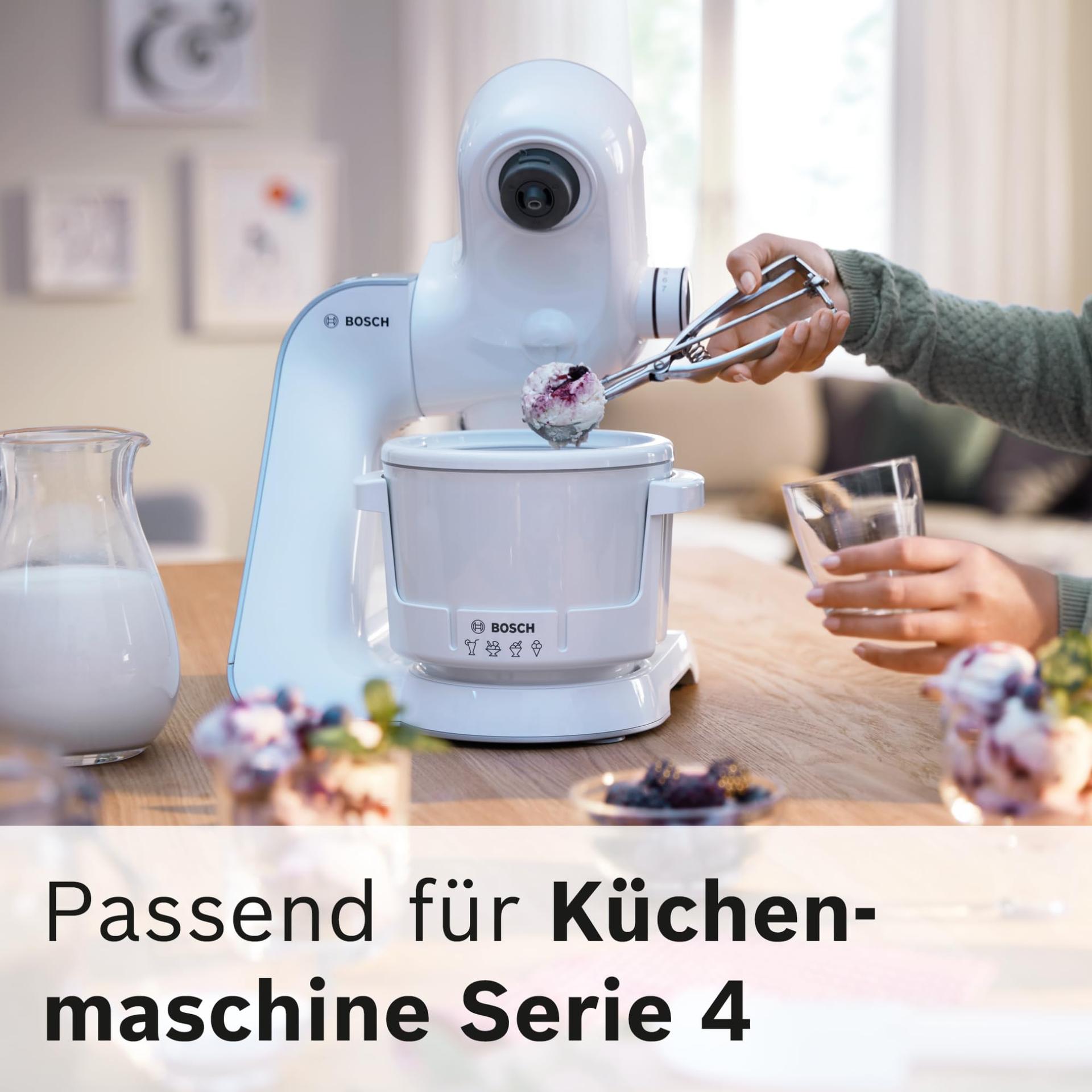 Bosch jäätisemasina lisavarustus MUZ5EB2, 550 ml, kodune jäätis, sorbett ja külmutatud jogurt, valge, sobib köögikombainile Serie 4 – pakend ja tarvikud