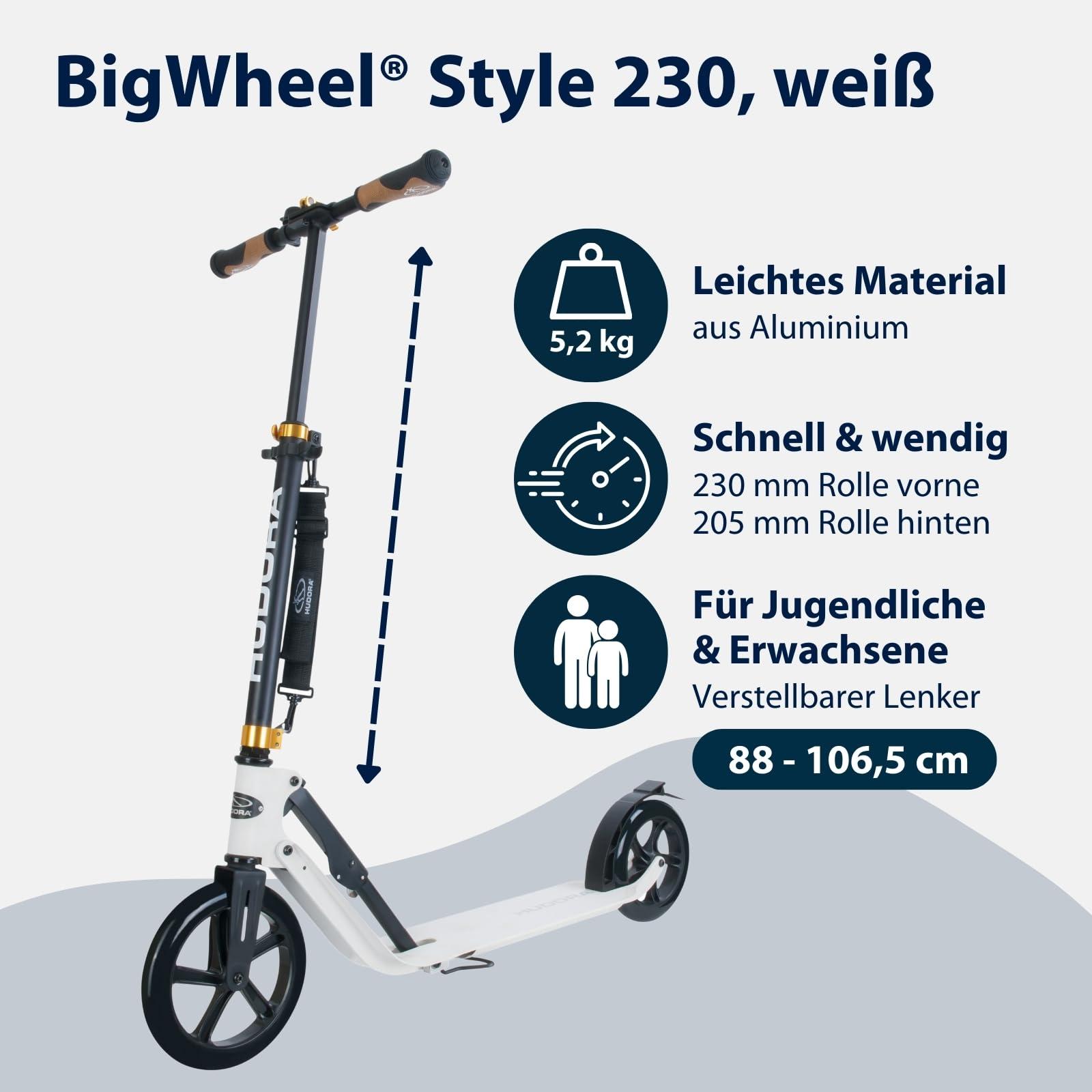 HUDORA BigWheel Style 230 Tõukeratas – Stabiilne alumiiniumist roller suure astmelauaga – Kõrguse reguleeritav ja kokkuklapitav linnatõukeratas kuni 120 kg – Tõukeratas noortele ja täiskasvanutele – pakend ja tarvikud