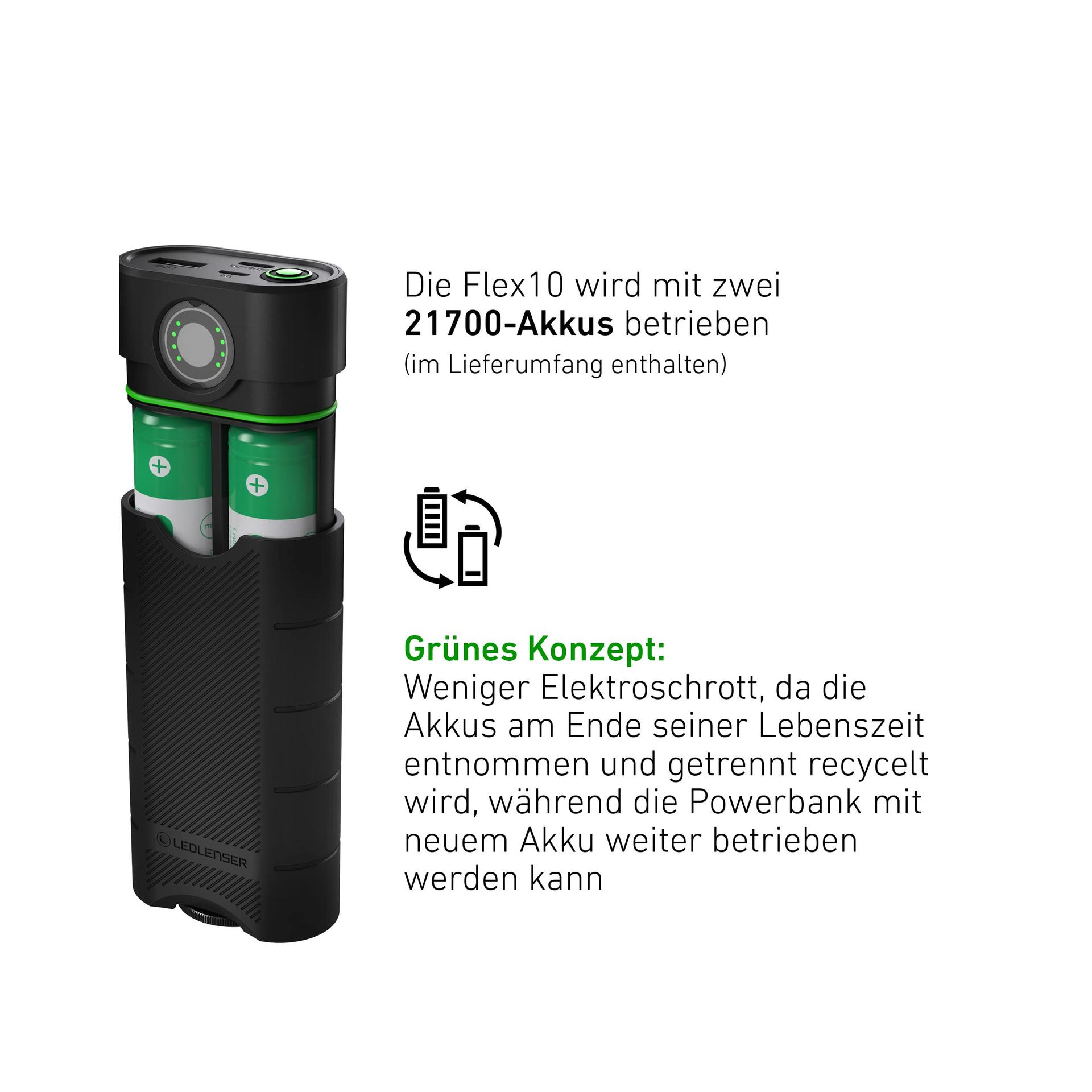 Ledlenser Flex10 Outdoor USB-C toitepank laadija, 2 eemaldatavat liitiumakut tüüp 21700, kiire laadimine, vastupidav korpus, IP65 kaitse tolmu, vee ja lühise eest, laadimis- ja mahtuvuse näidik – lisavaade