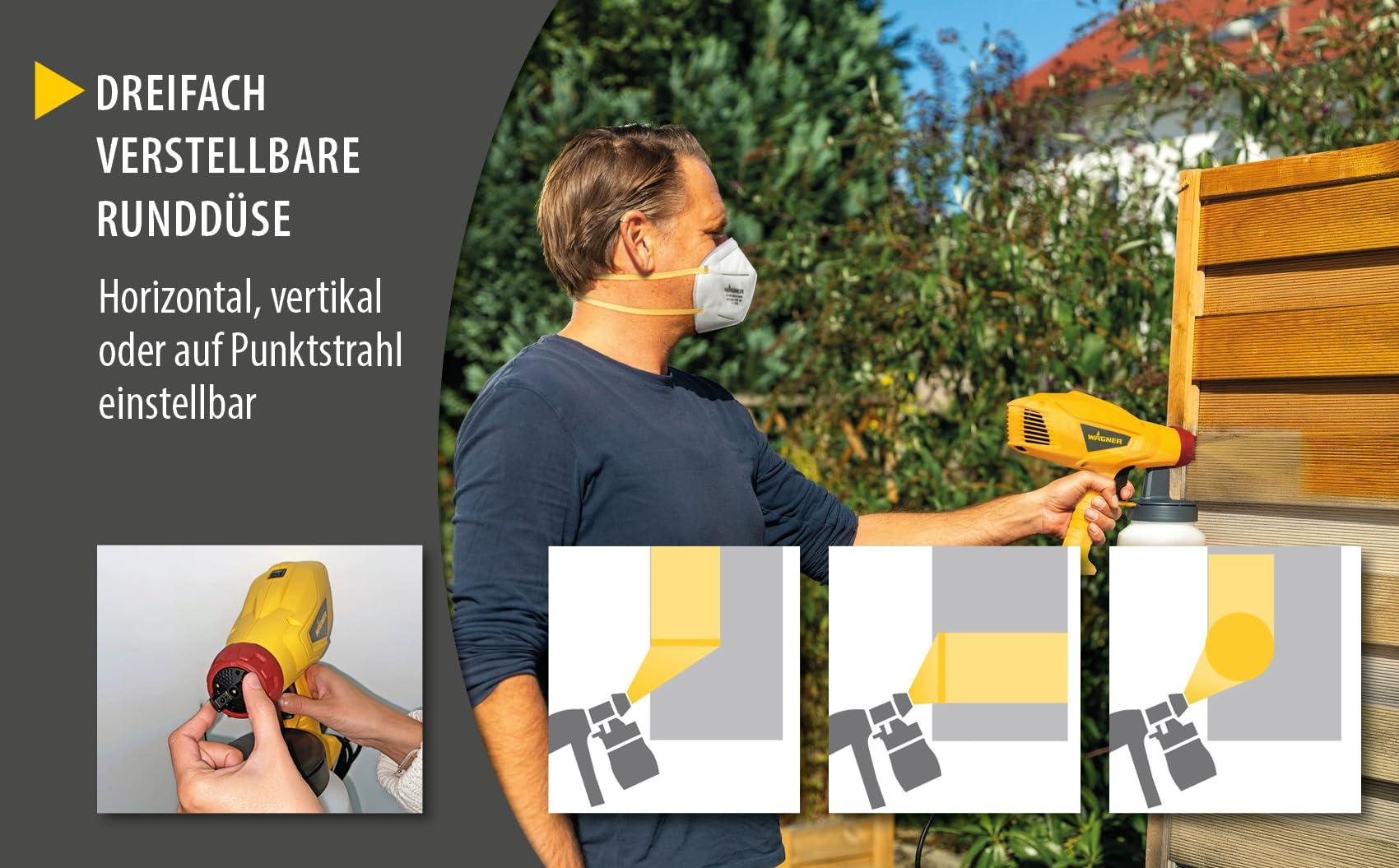 WAGNER värvipihustussüsteem Wood&Metal Sprayer W125 lakide ja peitside jaoks sise- ja välistingimustes, kollane, must, punane, 5 m – 10 min, 600 ml mahuti, 350 W – pakend ja tarvikud