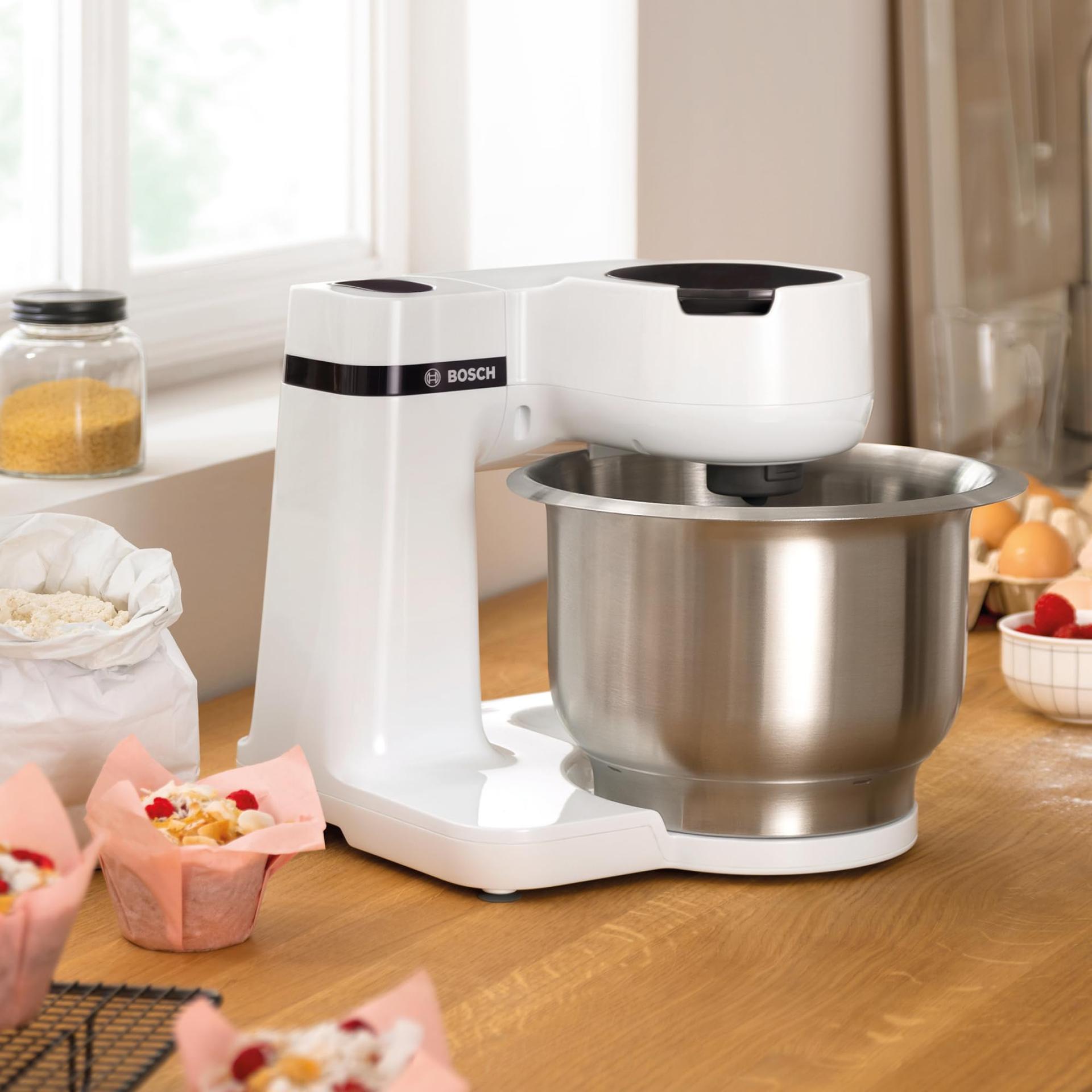 Bosch köögikombain Serie 2 MUMS2EW00, roostevabast terasest kauss 3,8 L, planetaarne segamissüsteem, taignakonks, vispel ja segamisvispel, 4 kiirust, laiendatav lisatarvikutega, 700W, valge – detailne vaade