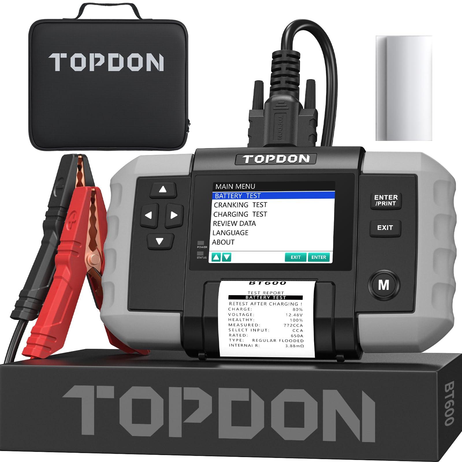 TOPDON BT600 akude tester 12V 24V, 100-2000 CCA autode akude tester koos printeriga, 3,5-tolline värviekraan, 1,8 m kaabel, Mini-USB tarkvaravärskenduseks, sobib nii hobikasutajatele kui ka professionaalidele
