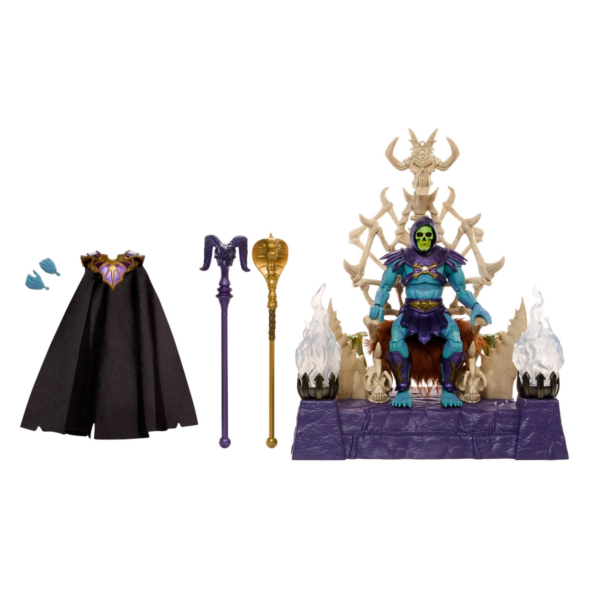 Masters of the Universe Masterverse Skeletor tegevusfiguur ja troonikomplekt, MOTU mänguasi, valgustatud troon, eemaldatav kapuuts ja keep, 2 saua tarvikut, HXX63