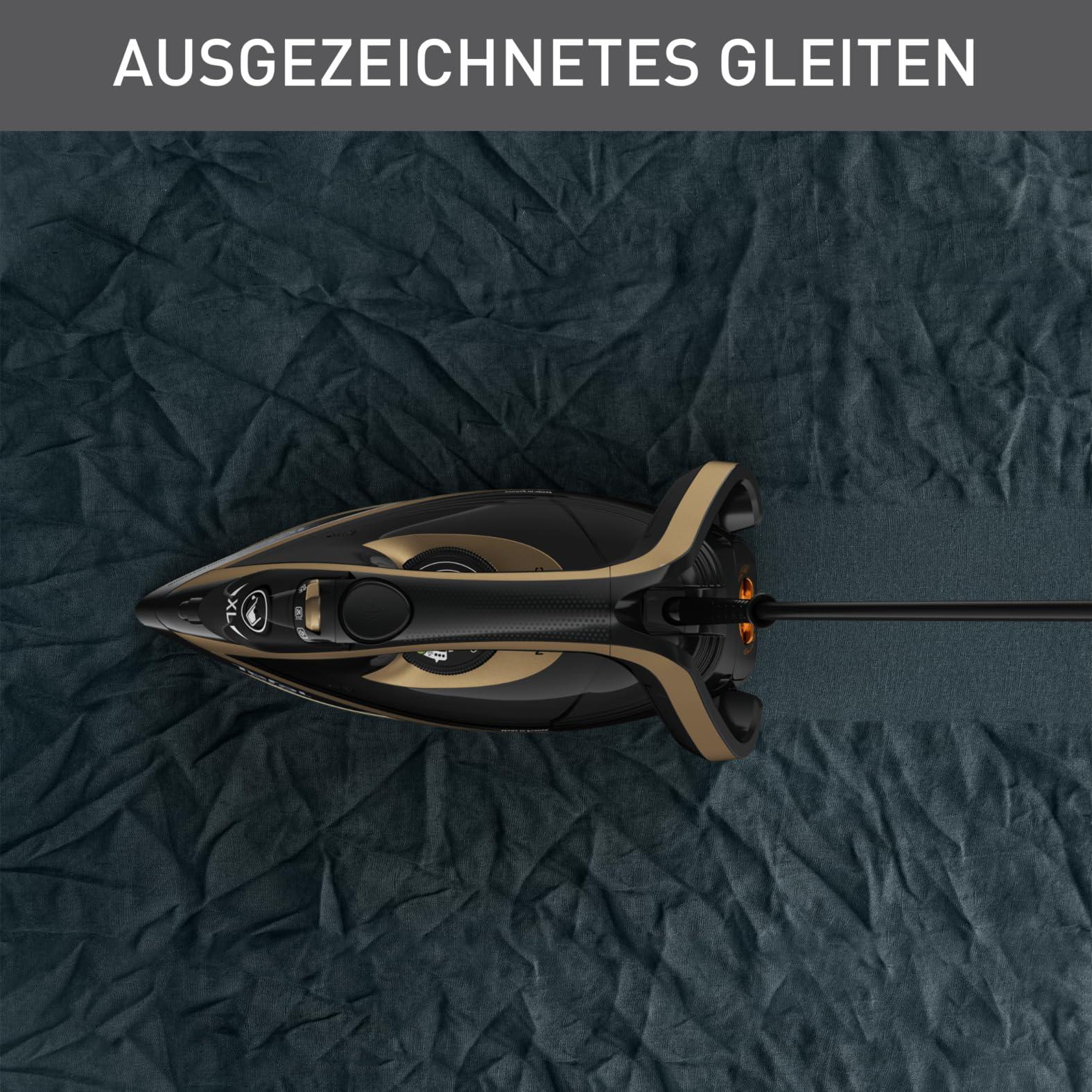 Tefal Puregliss aurutriikraud, 3000 W, 280 g/min. aurupahvak, 0-50 g/min. muudetav aur, vertikaalaur, Durilium AirGlide Autoclean tald, Micro-Calc-filter, must/kuld, FV8064 – kasutusnäide