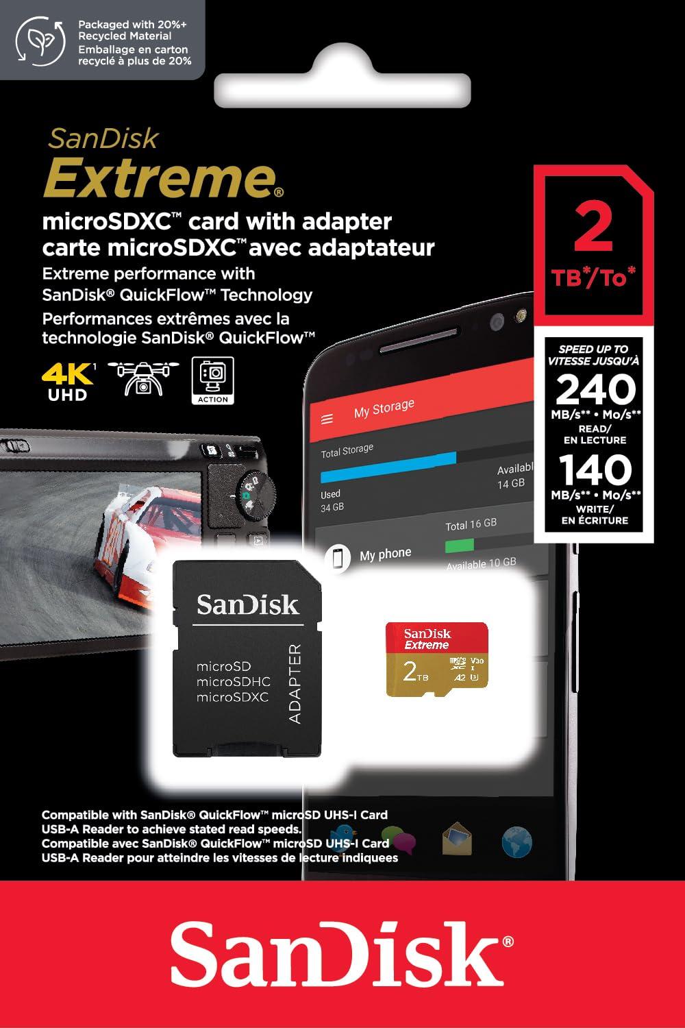 SanDisk Extreme microSDXC UHS-I mälukaart 2TB + SD adapter (nutitelefonidele, action-kaameratele ja droonidele, kuni 240 MB/s ülekandekiirus, 4K UHD, RescuePRO Deluxe, UHS-I, U3, V30) – lisavaade
