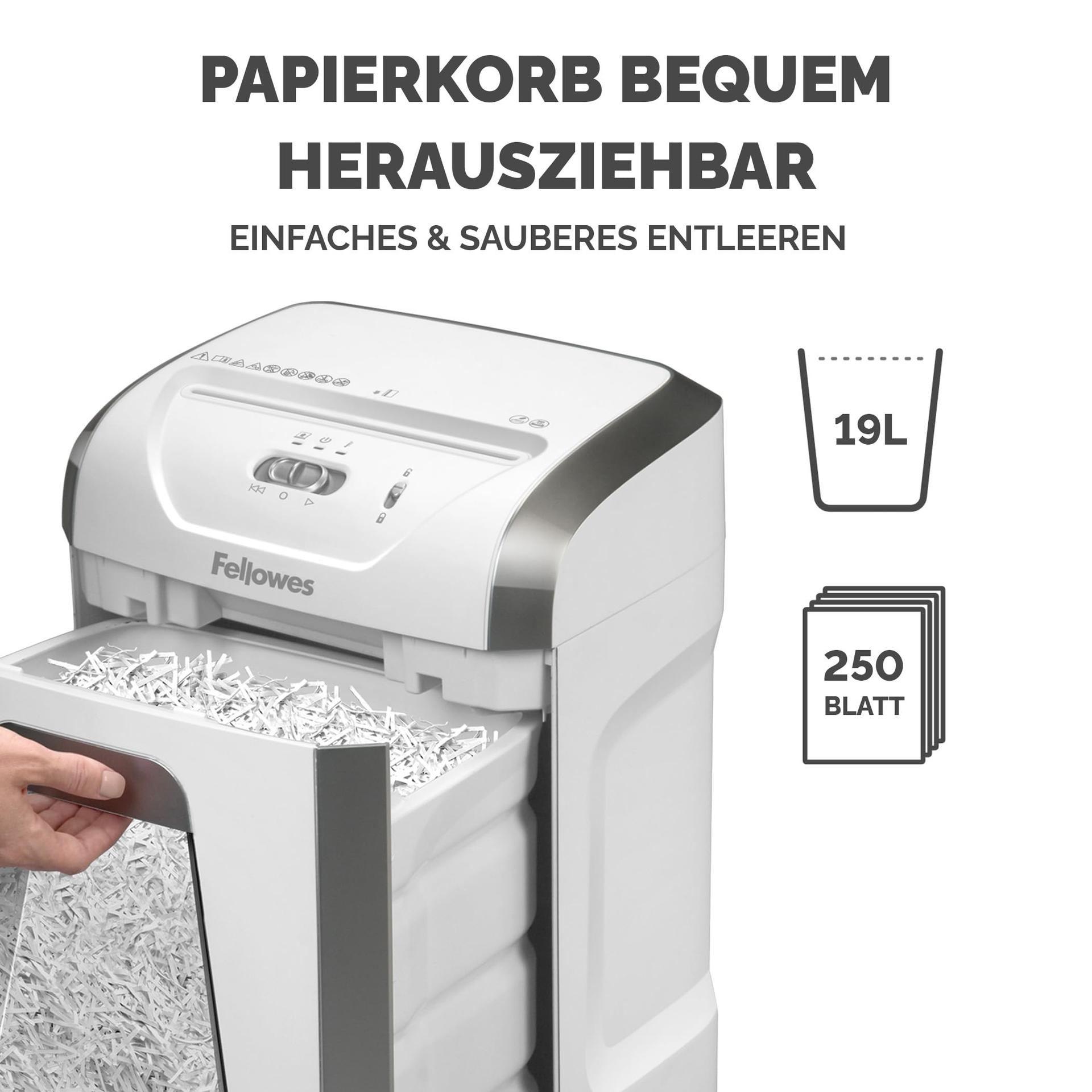 Fellowes dokumendihävitaja kodukontorisse – 15-leheline ristlõikega purustaja lauale – Powershred 15C hävitaja 19L mahutiga – kõrge turvataset P-4 – valge – pilt 6