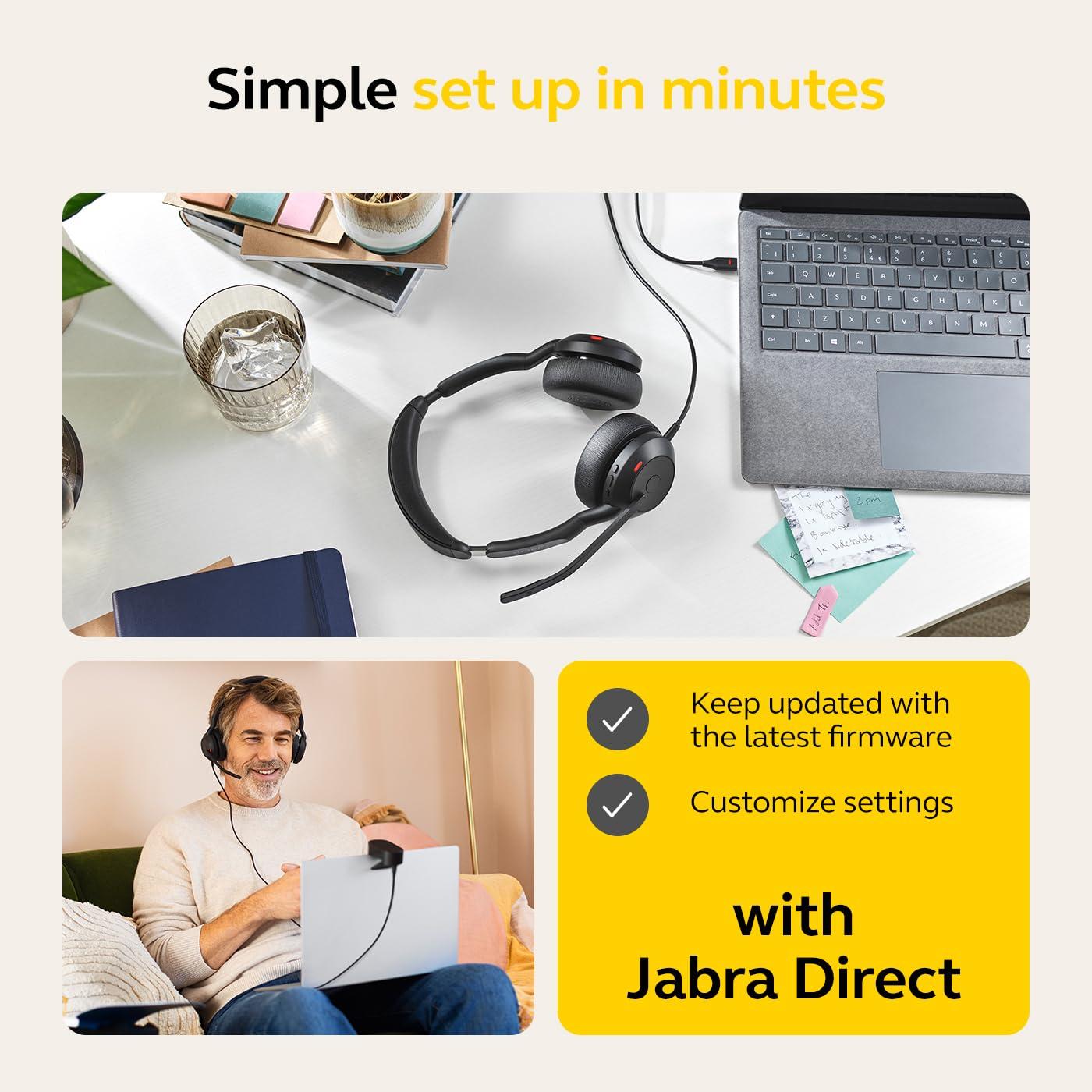 Jabra Evolve2 50 – Juhtmega stereo peakomplekt Air Comfort – Mikrofonid aktiivse mürasummutusega (ANC) – MS Teamsi sertifikaat, ühilduv ka teiste platvormidega – Must – kasutusnäide