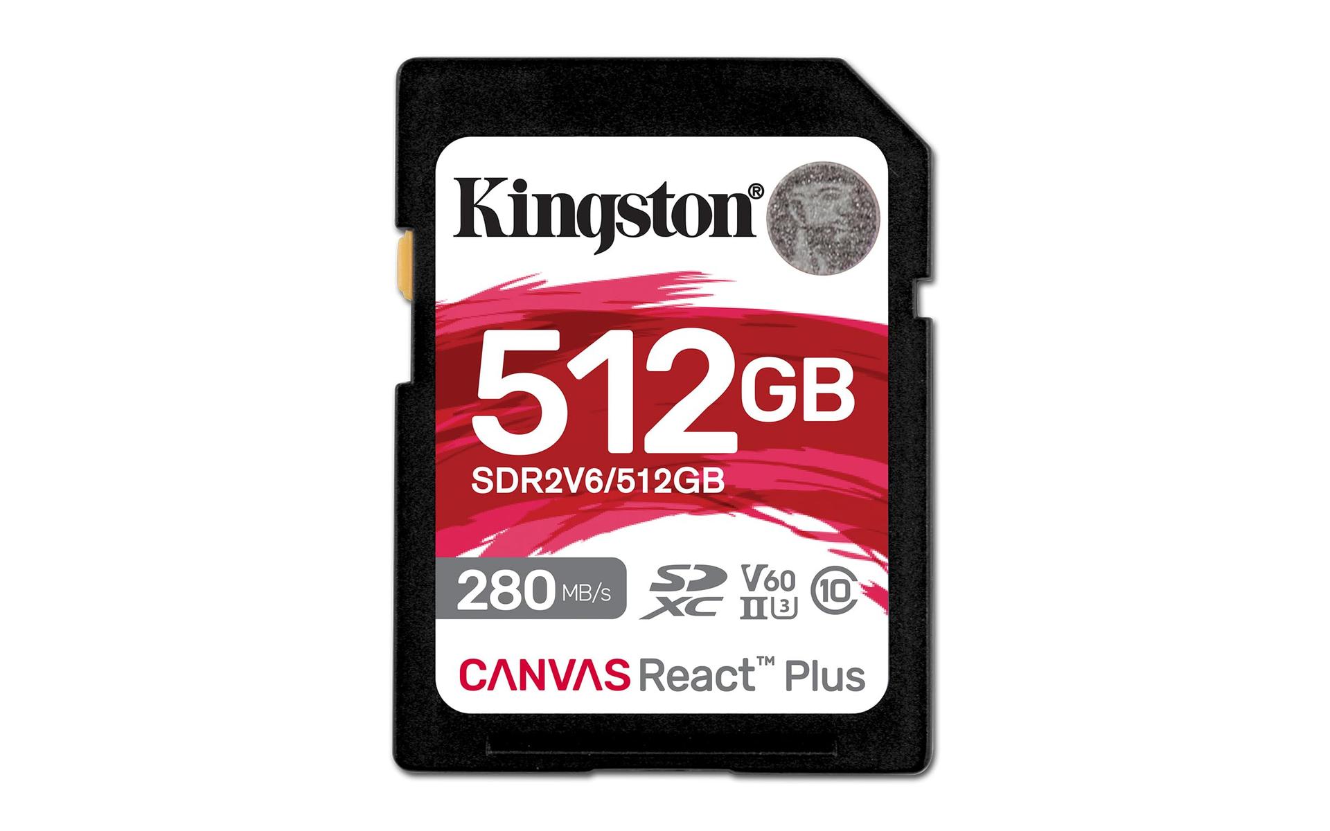 Kingston Canvas React Plus V60 SD 512GB SDXC UHS-II 280MB/s lugemine, 150MB/s kirjutamine, U3 V60 Full HD/4K jaoks