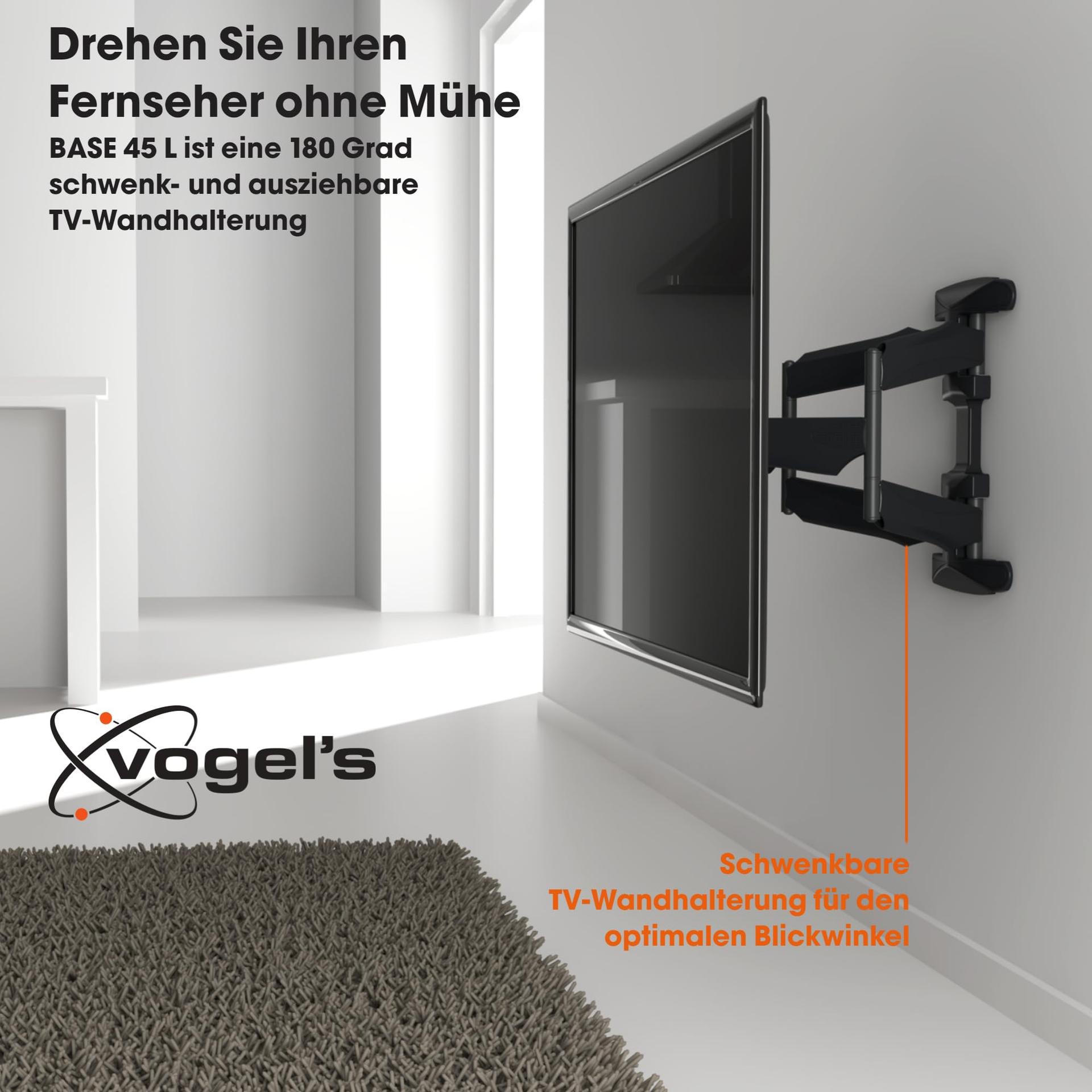 Vogel’s Base 45 L pööratav TV-seinakinnitus 40-80-tollistele teleritele, max 45 kg, kuni 180° pööratav, kallutatav, VESA 600×400, universaalne ühilduvus, TÜV-sertifikaadiga – pakend ja tarvikud