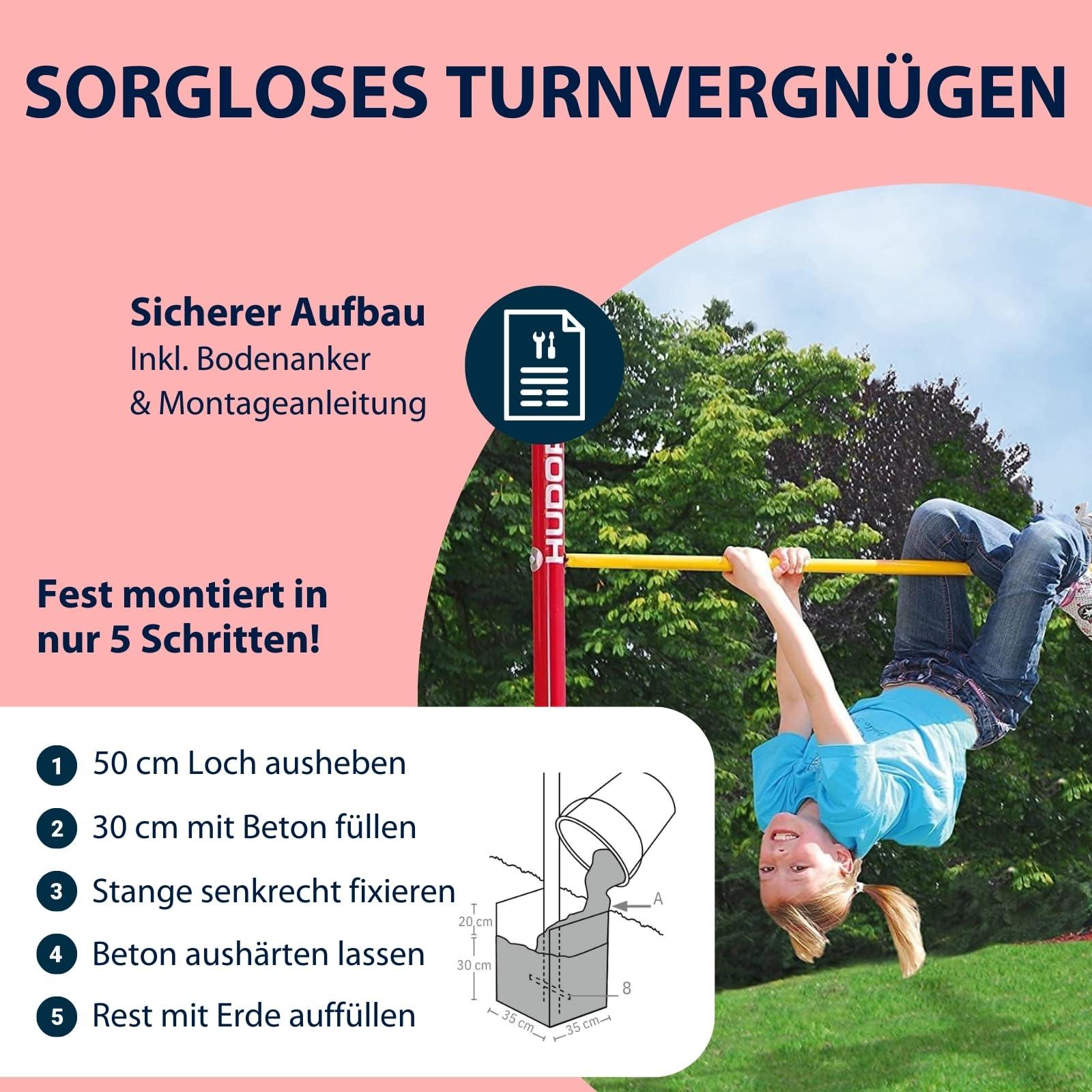 HUDORA Turnreck Fabian Standard/Pro – lihtne/kahekordne võimlemispuu lastele ja täiskasvanutele – 4-kordselt reguleeritav võimlemistoru – vastupidav õuetrenniseade kuni 100 kg – pilt 6