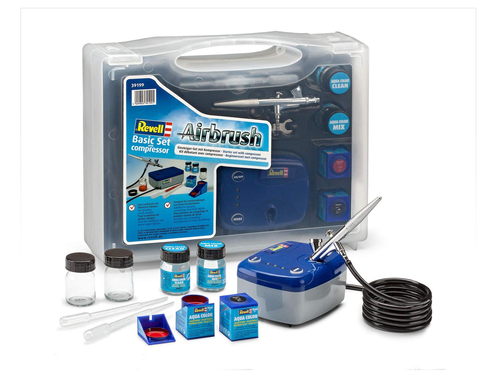 Revell Basic Komplekt kompressoriga – Airbrush algajatele, pihustuspüstol, akrüülvärvid ja lisatarvikud