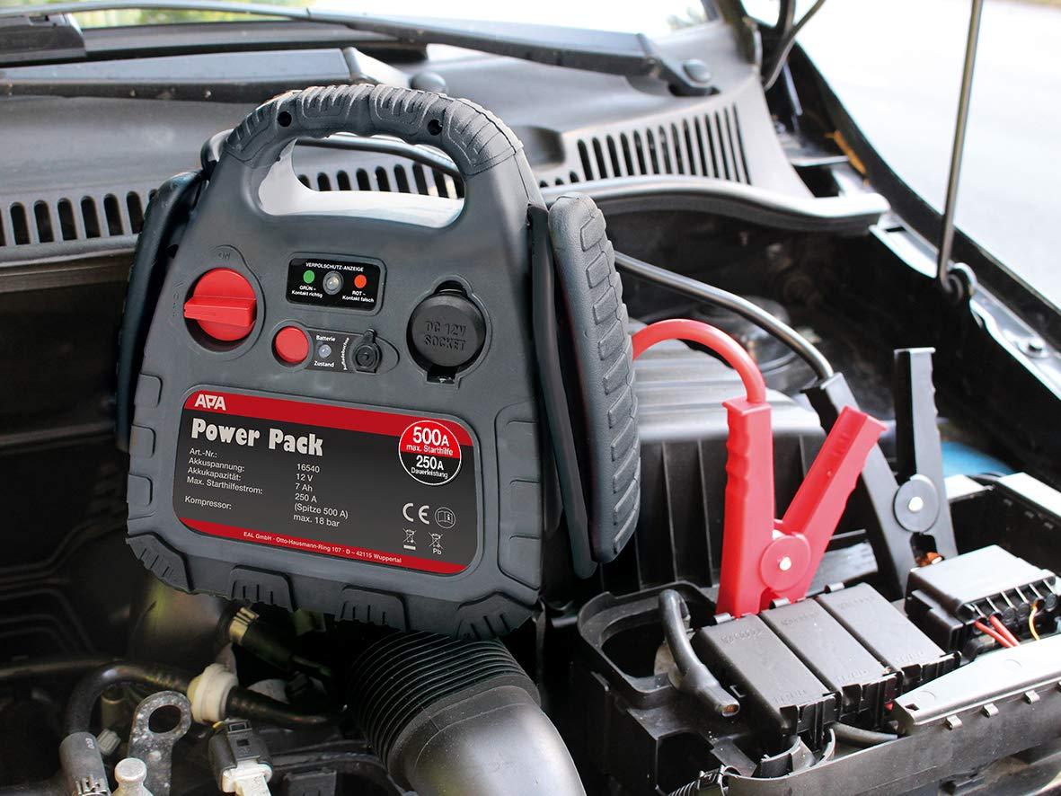 APA 16540 Power Pack – Kompressor ja starthoobiga, 12 V, must, hall, punane – kasutusnäide