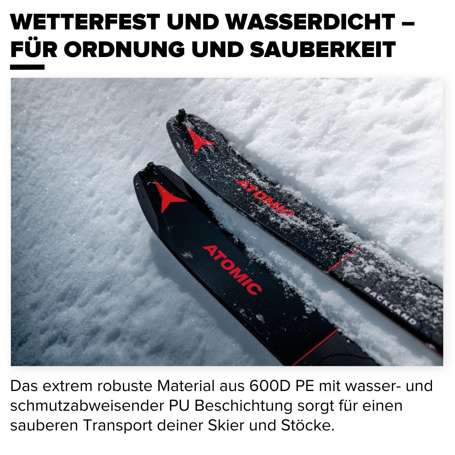 ATOMIC DOUBLE SKI BAG Must – kahe suusapaariga suusakott, reguleeritav pikkus (175 – 205 cm), veekindel ja mustust hülgav materjal, kaasas kanderihm – kasutusnäide