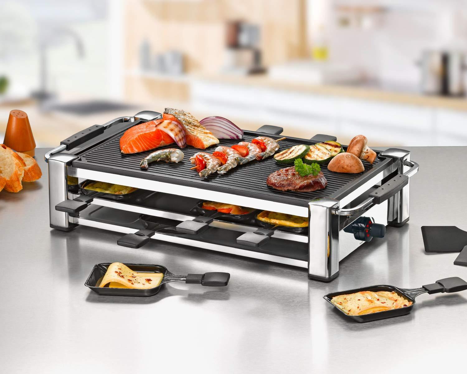 ROMMELSBACHER RCC 1500 Raclette-Grill (2 m pikk juhe, lauagrill 8 inimesele, alumiiniumist grillplaat, Xylan Plus mittenakkuv kate, parkimistekk, 1500 W) kroom – pilt 6