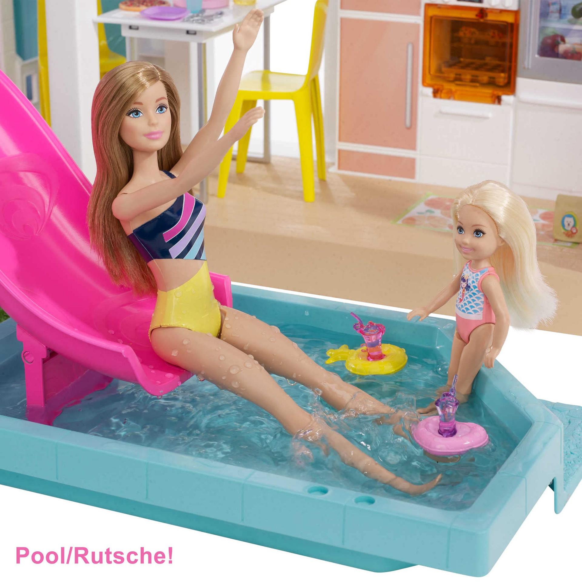 Barbie Unistuste Maja (114 cm), 3-korruseline nukkude maja Barbie basseiniga, liumägi, ratastoolitõstuk, 75+ Barbie tarvikud, nukud pole kaasas, kingitus lastele alates 3. eluaastast, GRG93 – pakend ja tarvikud
