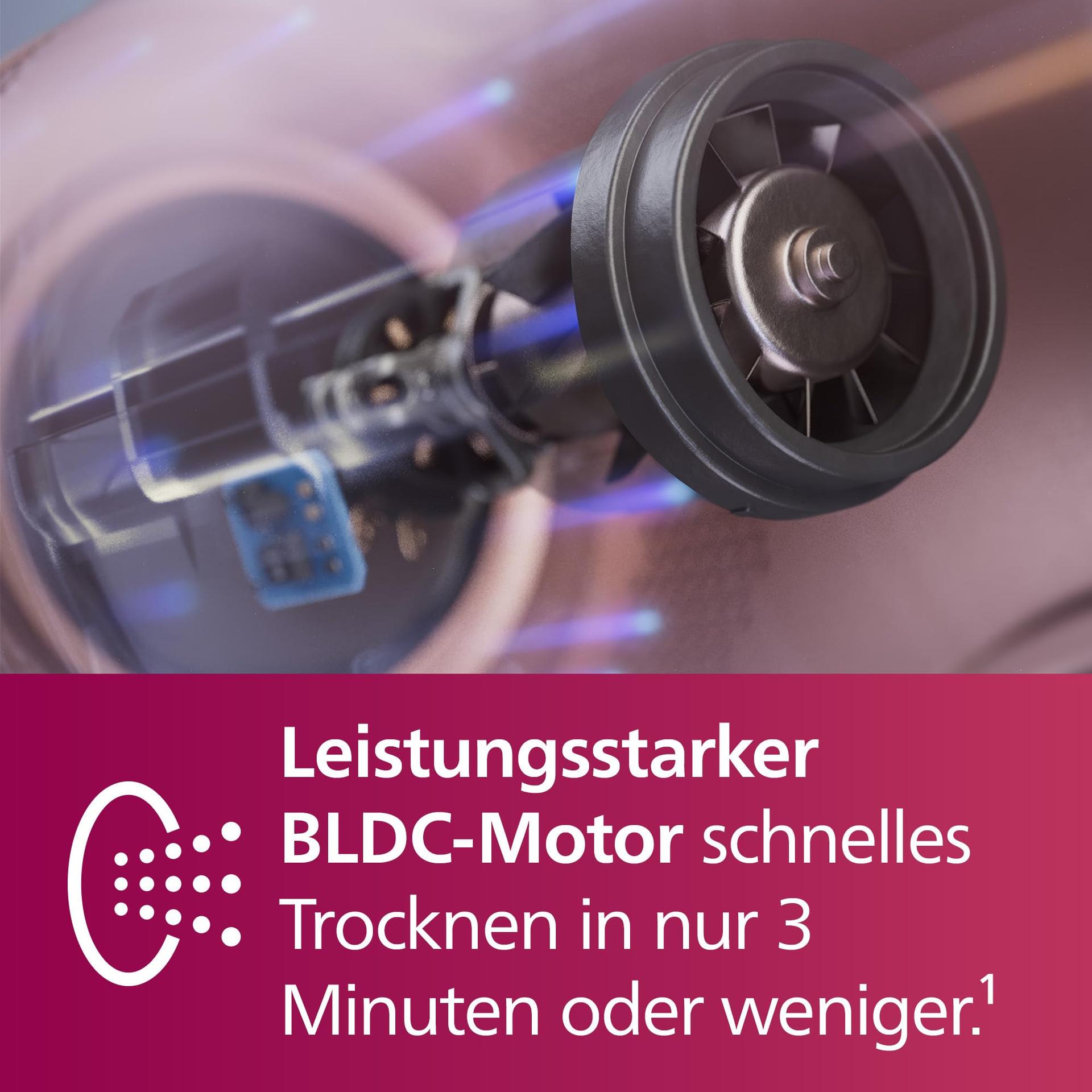 Philips kiiretoimeline föön Series 8000, ThermoShield Advanced, ioontehnoloogia, stiilidüüs & difuusor, peanaha hooldus, 1400 W, Rose Champagne, mudel BHD837/10 – pakend ja tarvikud
