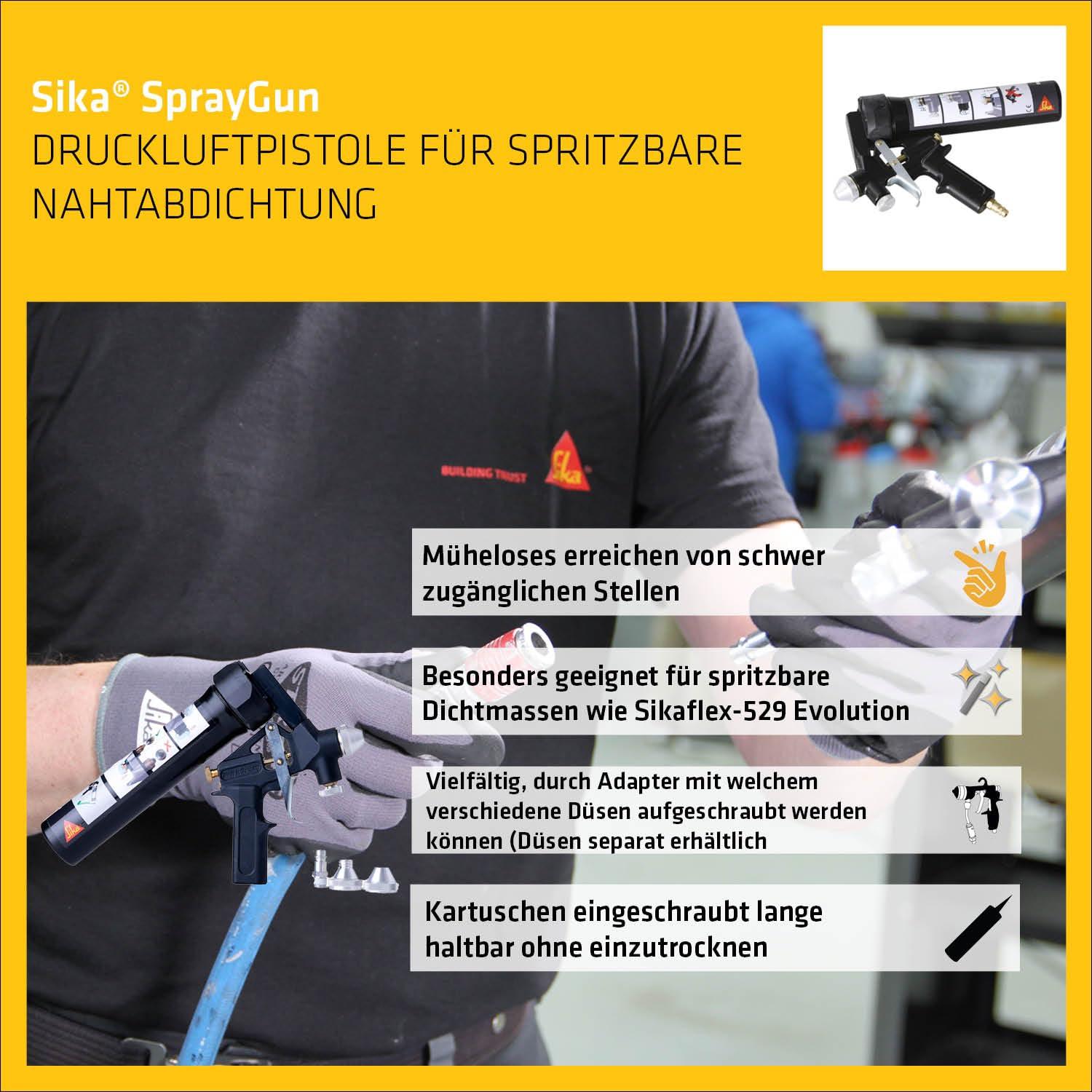 SIKA – Töötlemisseade – Spraygun suruõhupüstol pritsitavale vuugitihedusele must – kerge ja manööverdatav – sisaldab düüsiadapterit ja juhendit – pakend ja tarvikud
