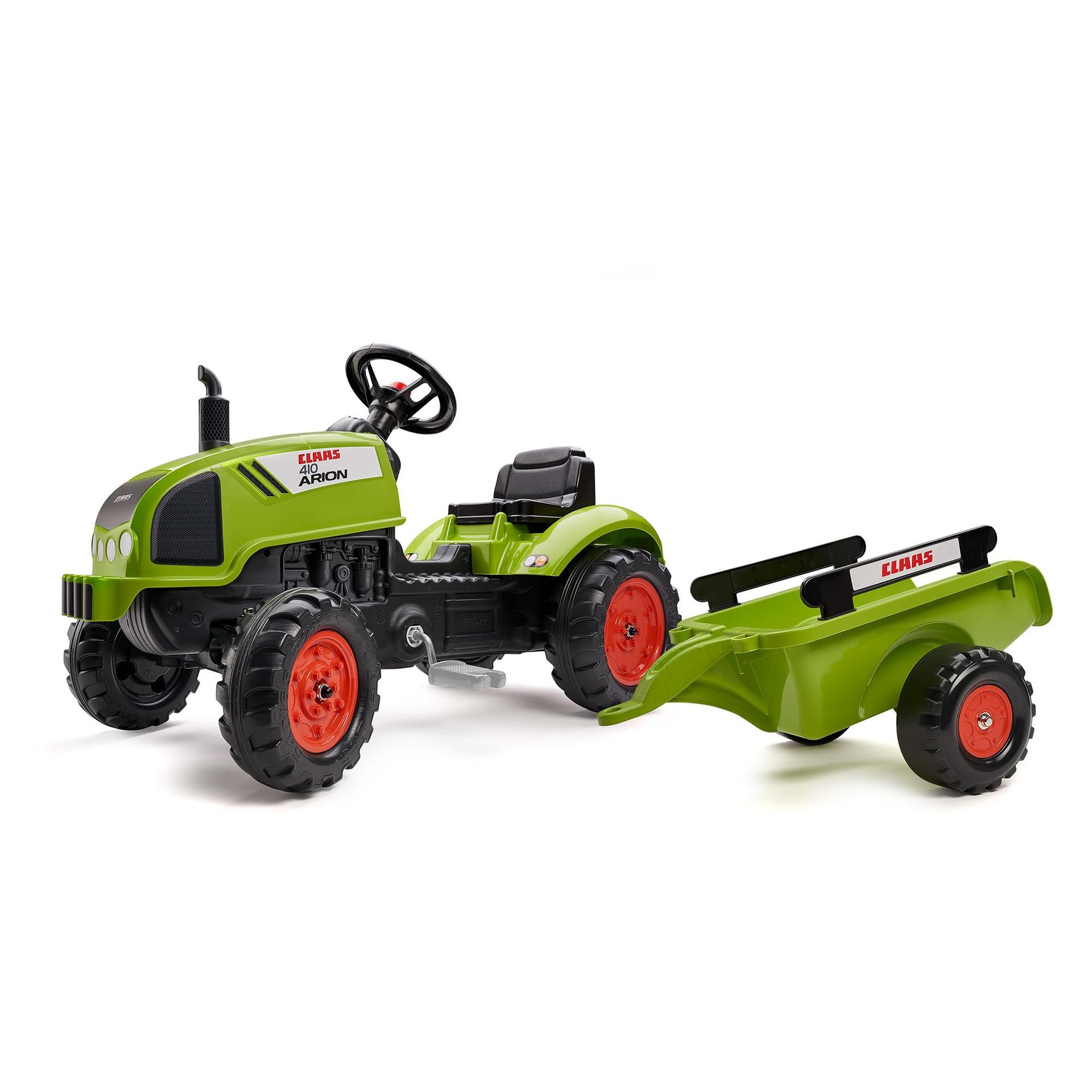 Falk 2041C pedaaltraktor Claas Arion 410 koos haagise ja avatava kapotiga, ekskavaator, pedaallaadur, pedaaltraktor 2–5-aastastele, õuemänguasi
