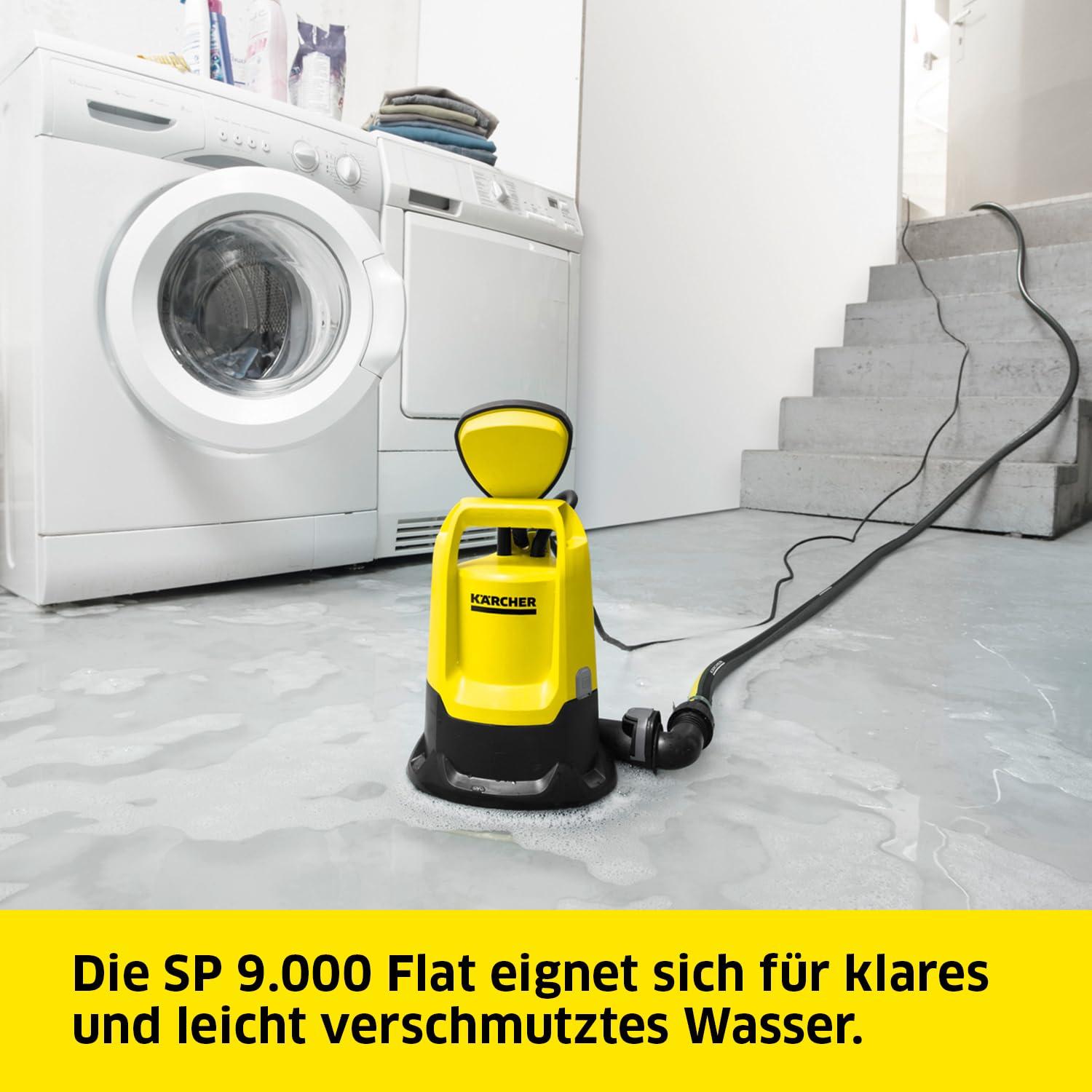 Kärcher SP 9.000 Flat madala imemisega sukelpump, vooluhulk: 9.000 l/h, sukeldumise sügavus: max. 7 m, määrdunud vee jaoks kuni 5 mm osakestega, jääkveetase: 1 mm, rõhk: 0,6 bar – pakend ja tarvikud