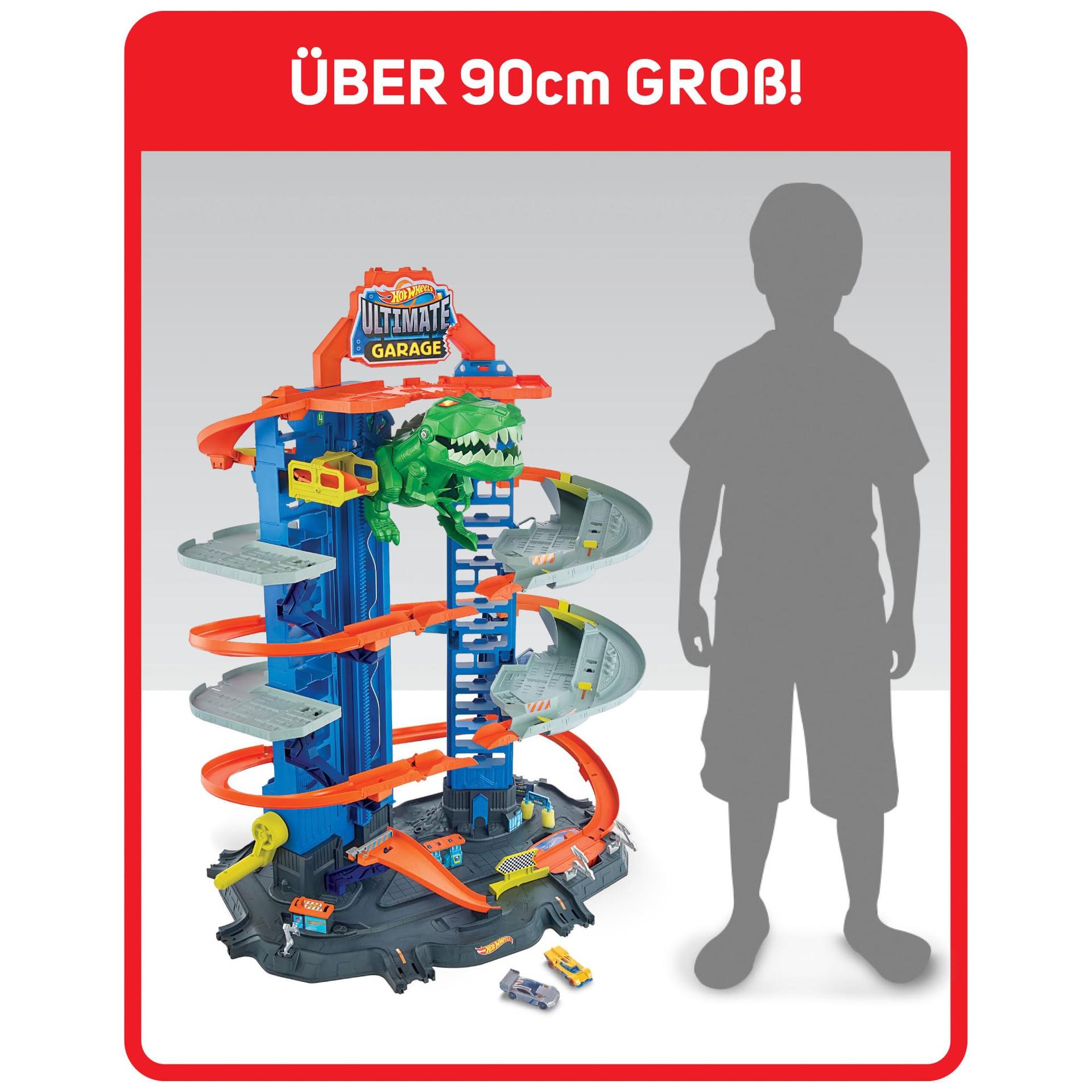 Hot Wheels Garaaž, Hot Wheels Parkla koos 2 mänguautoga, mitmekorruseline autorada, T-Rexi rünnak ja ruumi +100 autole, kõrgus: 90 cm, mänguasi alates 5. eluaastast, GJL14 – pilt 8
