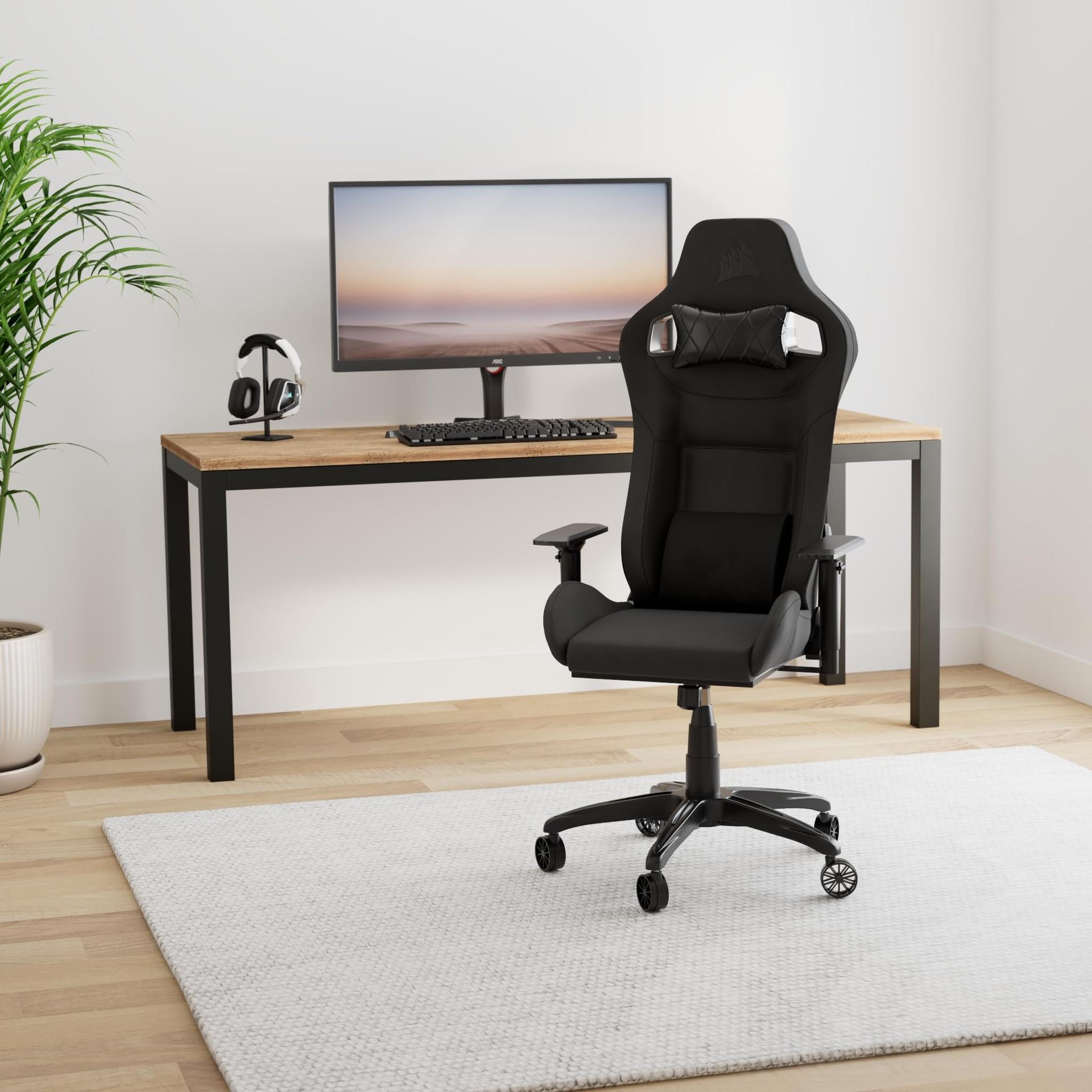 Corsair T3 RUSH Fabric (2023) mängutool – autosportlik disain – pehme kangaskate – eemaldatav kaelapadi ja mäluvahust nimmetugi – antratsiit – detailne vaade