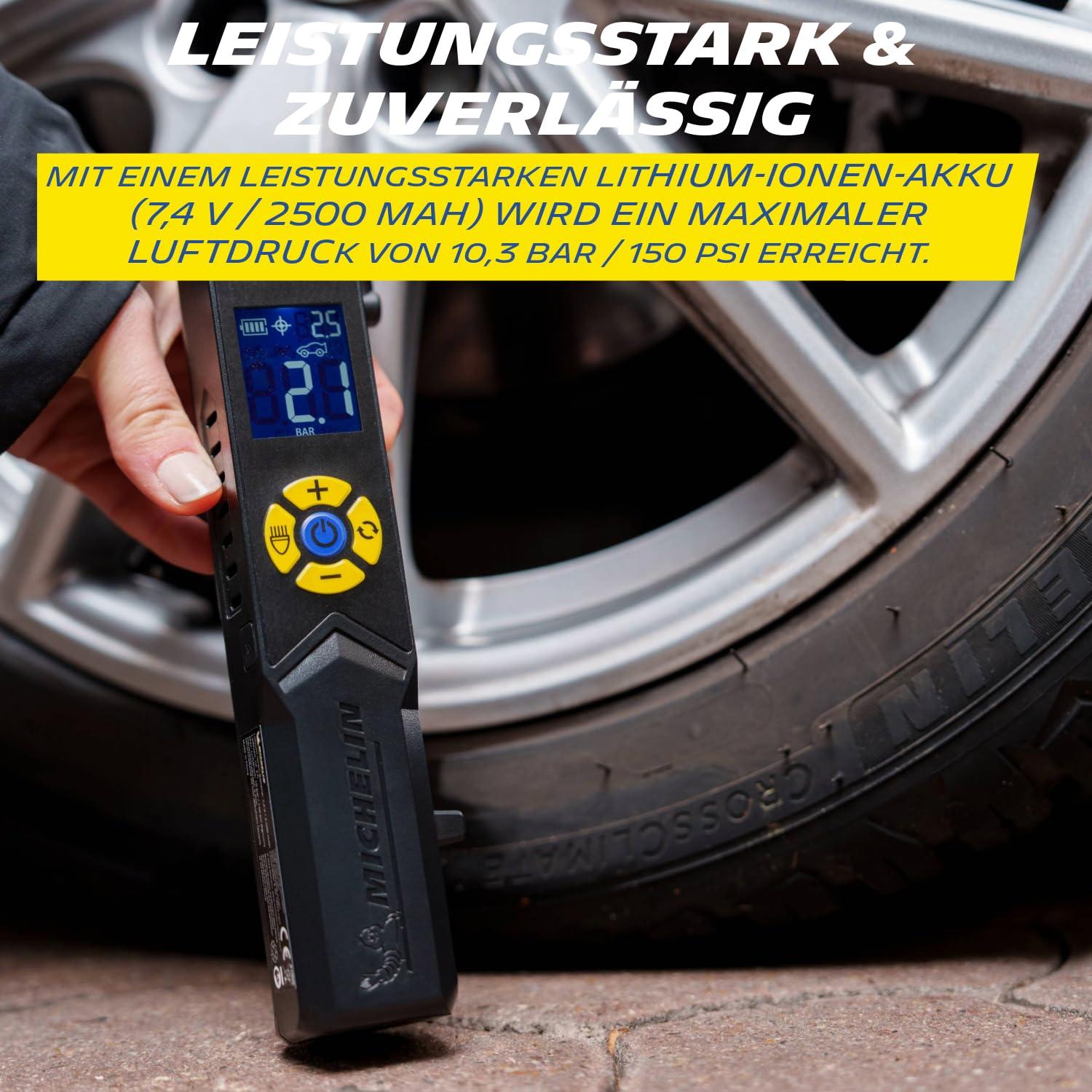 MICHELIN elektriline rattapump | Õhupump | Aku minikompressor LED-valgustusega | 10 Bar/150 PSI, 7,4 V / 2500 mAh, Must – kasutusnäide