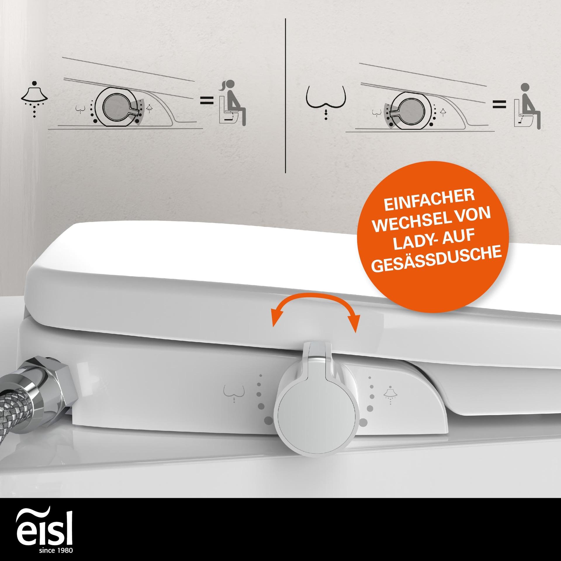 EISL Dušš-WC istmekate (ei vaja elektriühendust dušifunktsiooniks), tualetipoti iste bidee funktsiooniga, põhja dušš ja pehmelt sulguv mehhanism (sh ühenduskomplekt), valge – pakend ja tarvikud