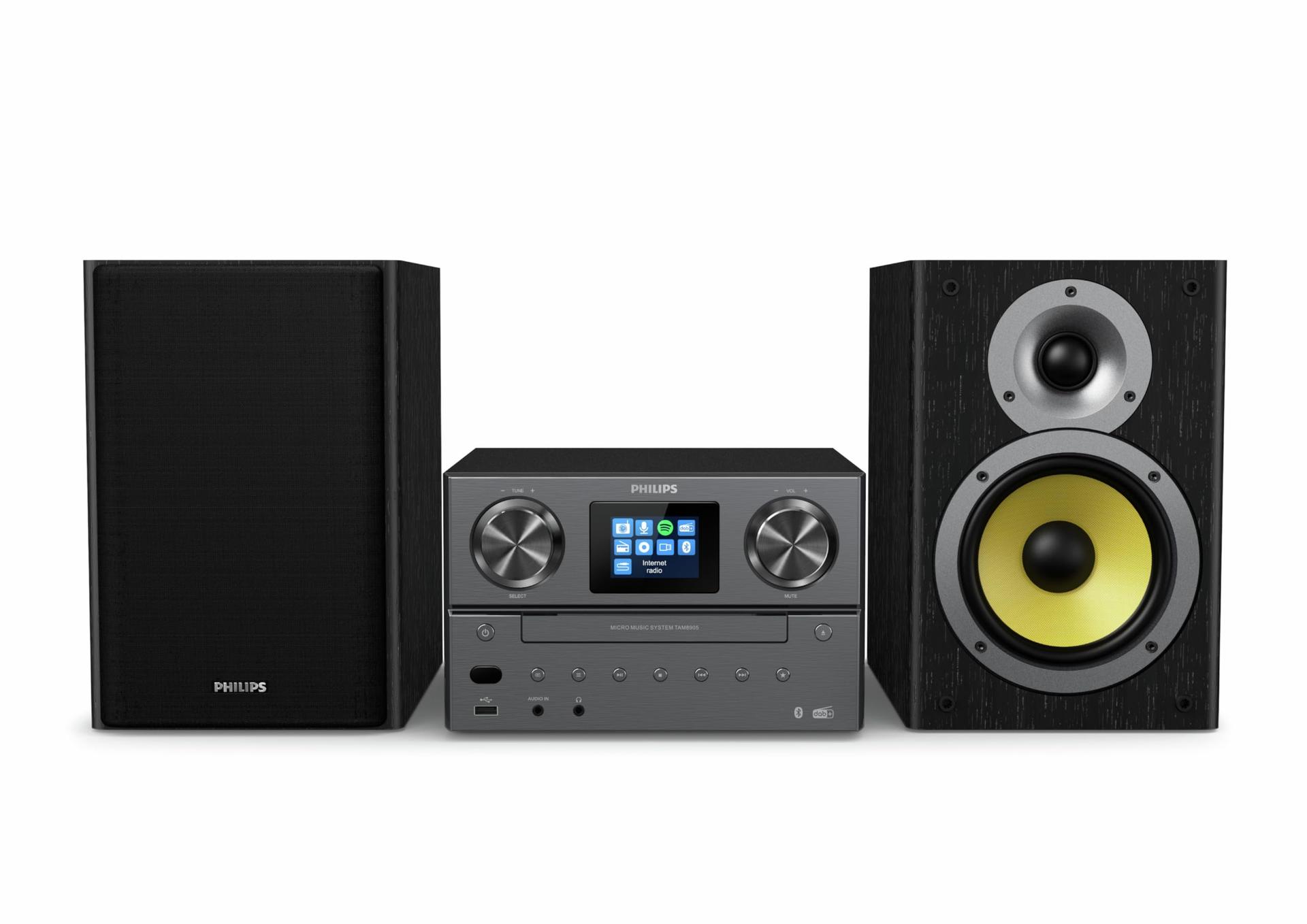 Philips TAM8905 Mikro-muusikasüsteem 100W, Bluetooth, Spotify Connect, Internetradio, DAB+, CD-mängija, USB, Bassrefleksi kõlarid, Digitaalne heli reguleerimine, klassikaline disain värviekraaniga