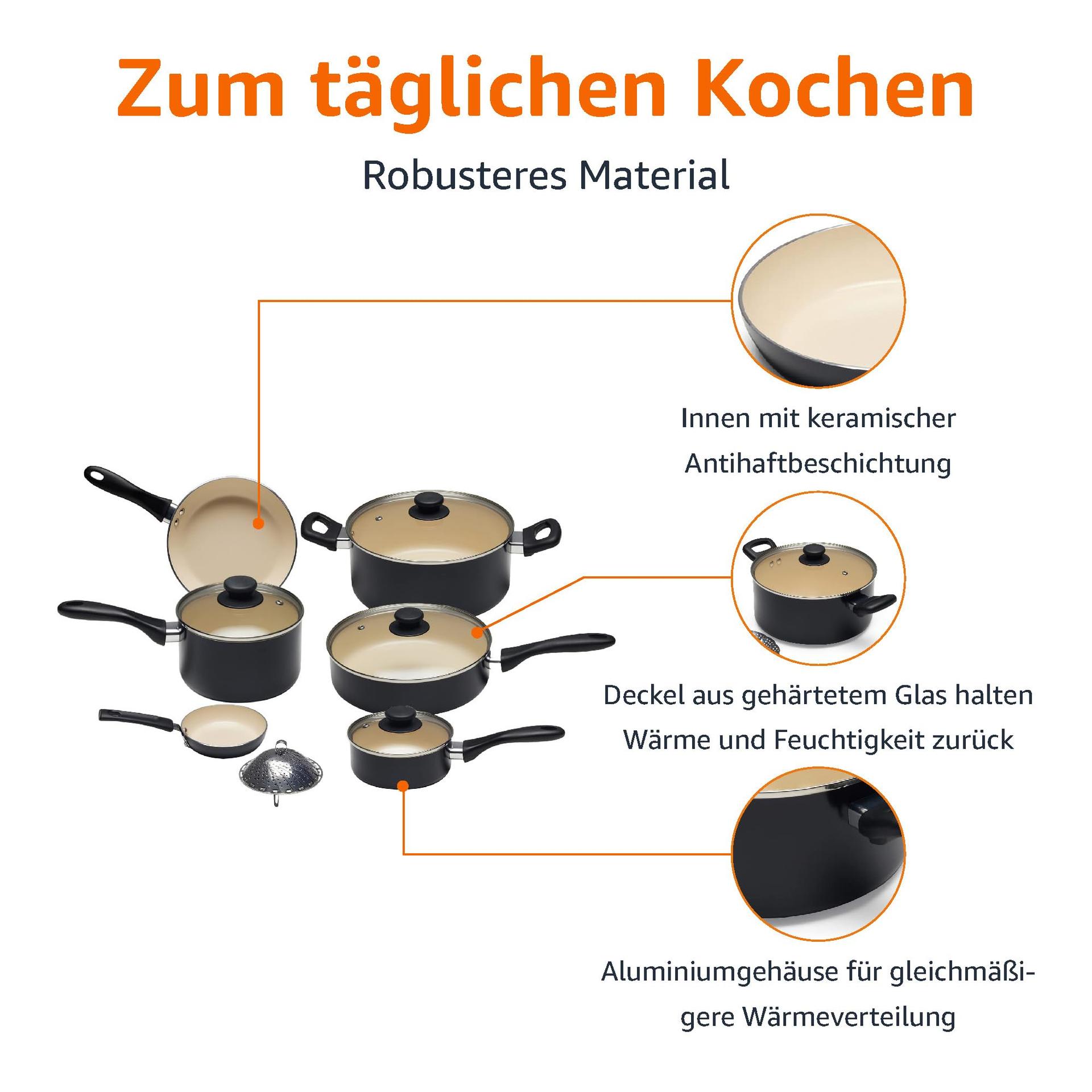 Amazon Basics 11-osaline keraamiline kööginõude komplekt, mittenakkuv, PFOA- ja PTFE-vaba, must/kreem – detailne vaade