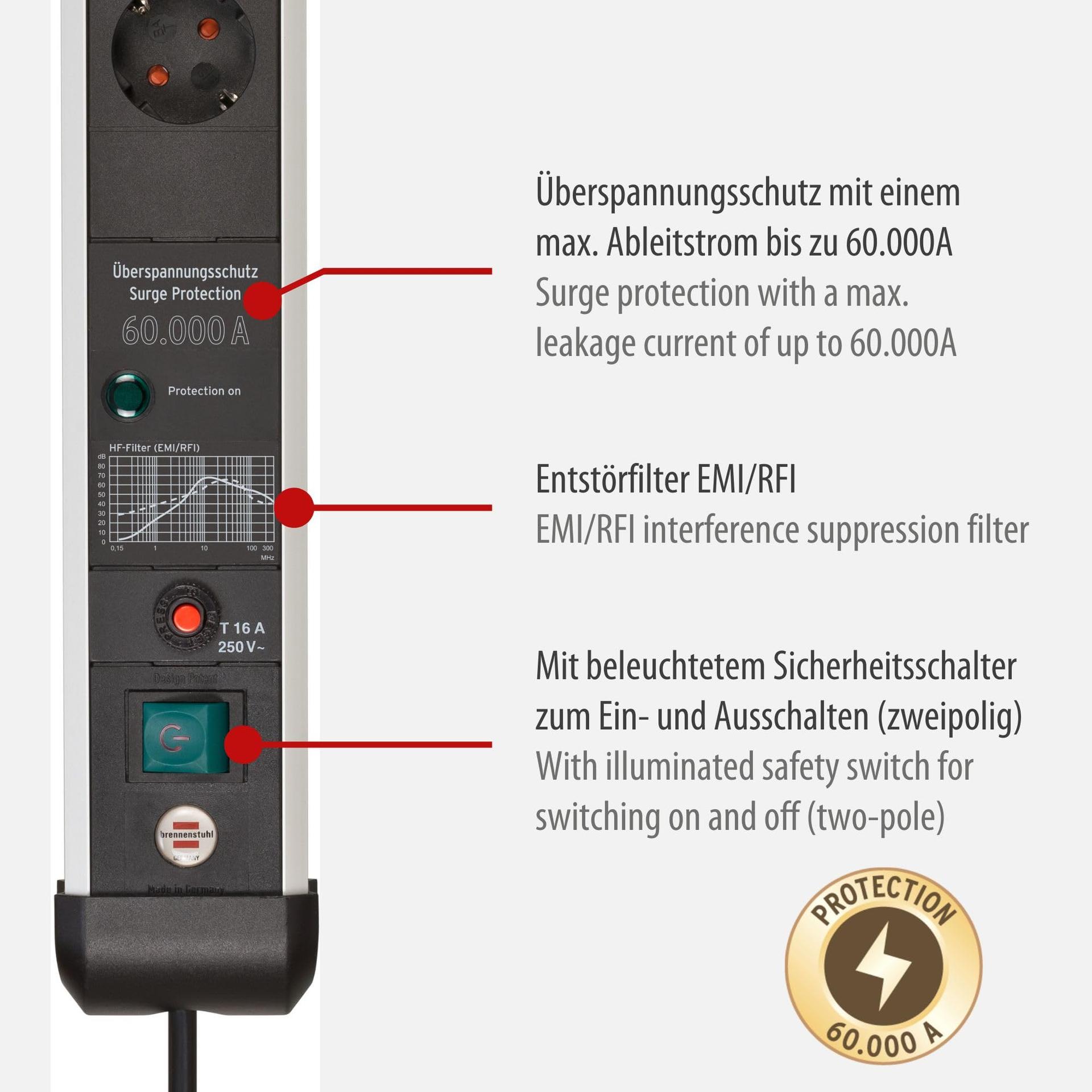 Brennenstuhl Premium-Protect-Line 6-kohaline pikendusjuhe ülepinge kaitsega 60 000 A (pistikupesa lülitiga ja 3m kaabliga, valmistatud Saksamaal) hõbe/must – pakend ja tarvikud