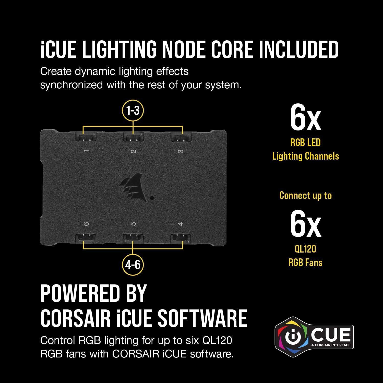 Corsair iCUE QL120 RGB, 120 mm LED PWM ventilaator (lauaarvutitele, 68 individuaalselt juhitavat RGB-LED-i, kiirus kuni 1 500 p/min, madala müratasemega) 3-osaline komplekt koos Lighting Node Core’iga – must – lisavaade