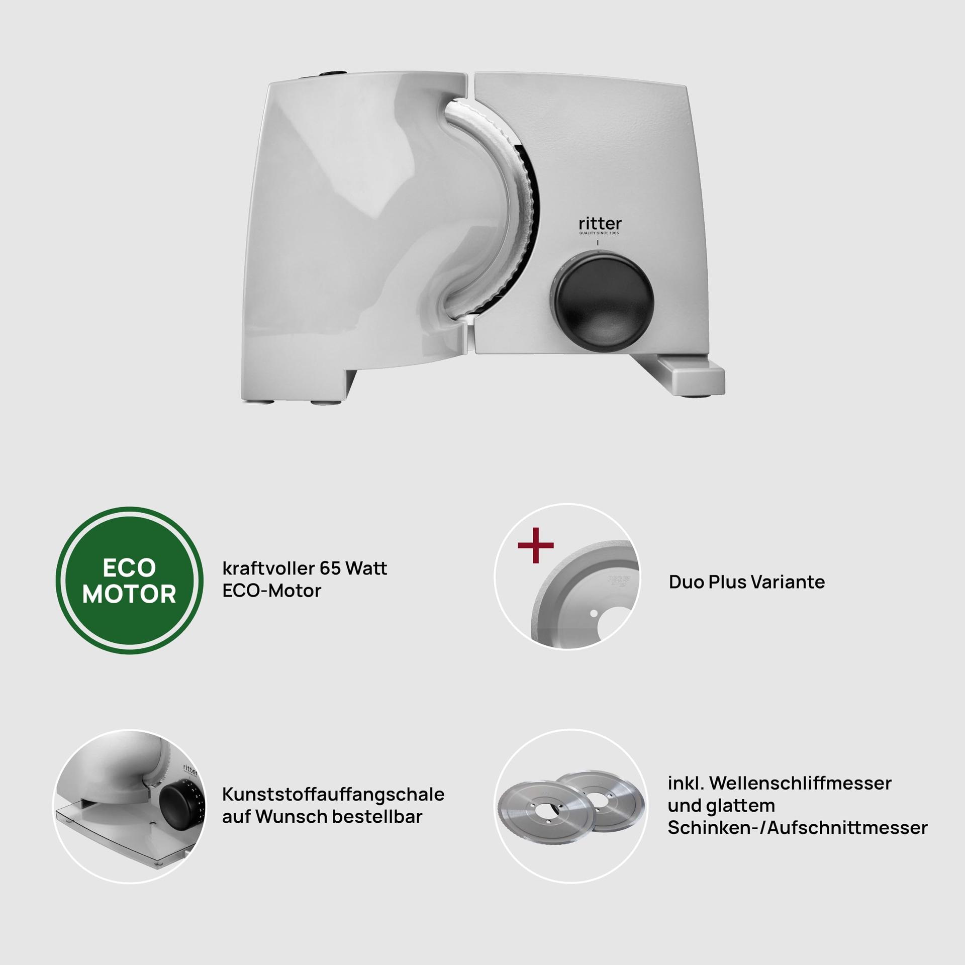 ritter nova 1 Duo Plus elektriline viilutaja & lõikemasin metallist ECO-mootoriga, valmistatud Saksamaal, hall – pakend ja tarvikud
