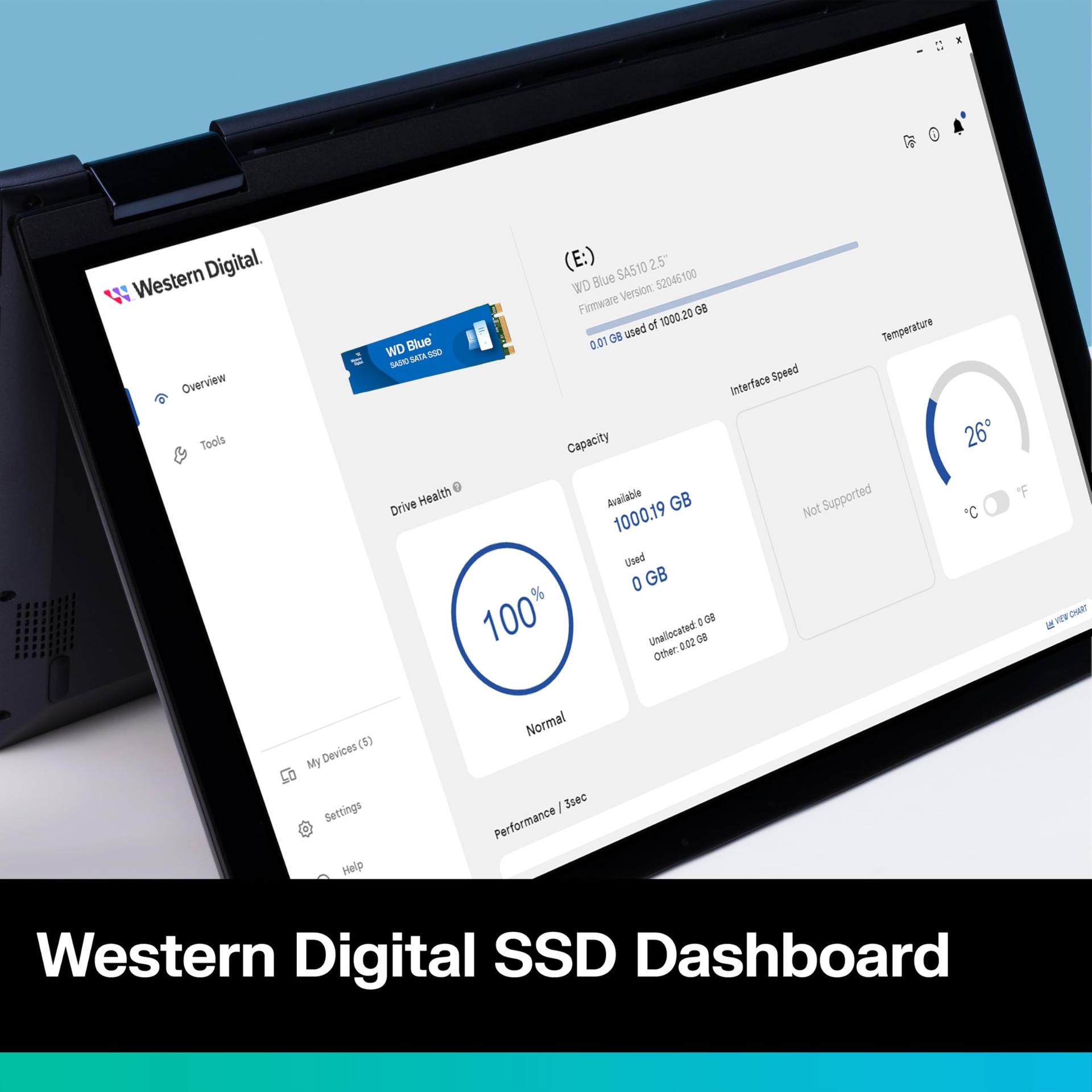 WD Blue SA510 SATA SSD 2 TB M.2 2280 (Lugemiskiirus kuni 560 MB/s, kirjutamiskiirus kuni 520 MB/s, arvuti/laptopi uuendus, kolmekuuline Dropbox Professional prooviperiood, Western Digital SSD Dashboard) – kasutusnäide
